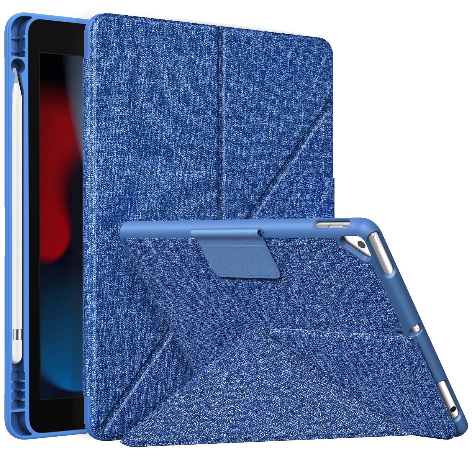 MoKo Origami Stand Case for iPad 10.2 Inch (9th/8th/7th Gen 2021/2020/2019 & Air 3 10.5 2019) - Magnetic Multi-Angle TPU Back Cover with Apple Pencil Holder, Denim Blue - Perfect for Work, Study, and Entertainment