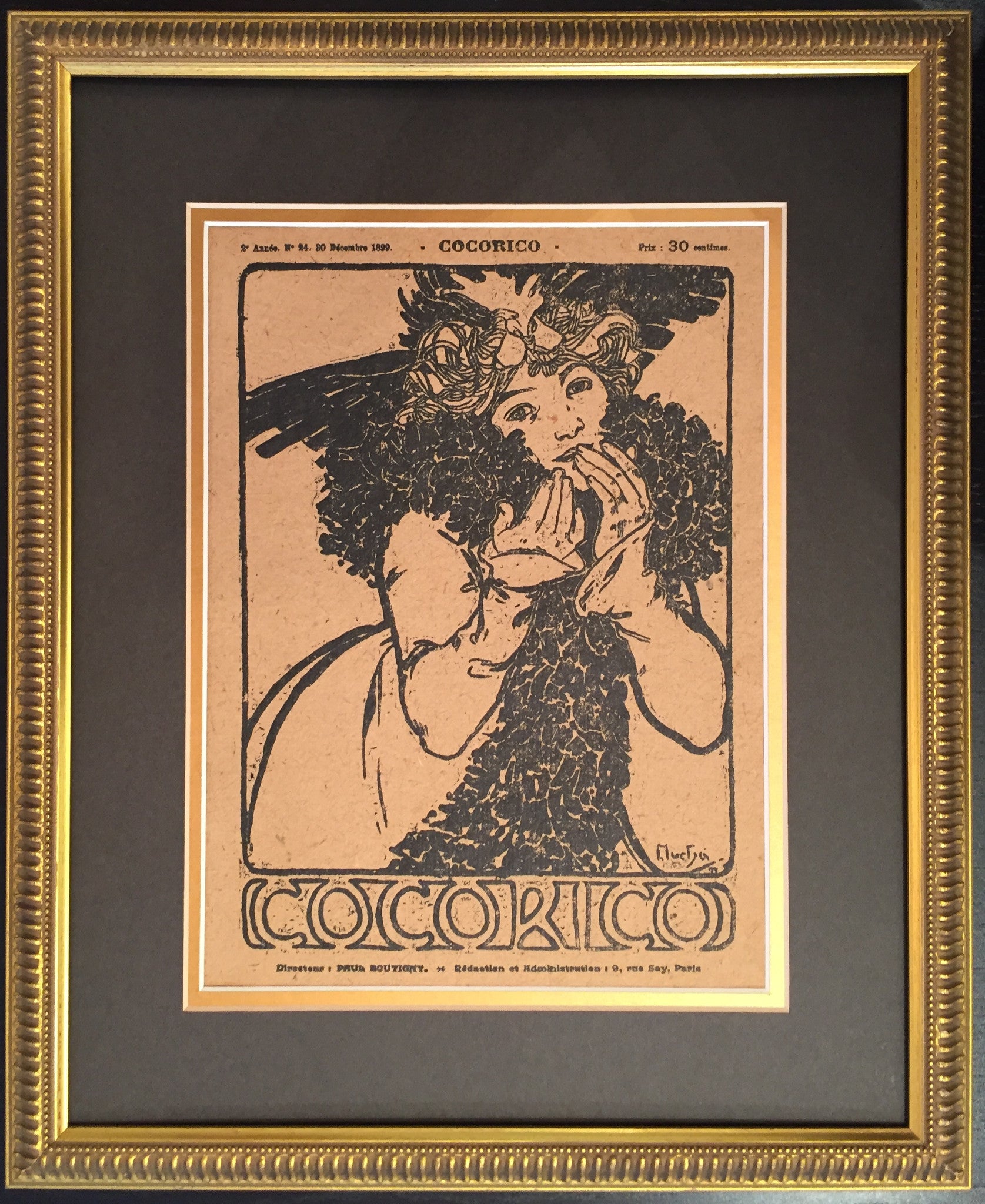 1899 Original Alphonse Mucha Cocorico Cover - Girl in Gold Framed Art Print | Vintage Wall Decor for Living Room, Bedroom & Office