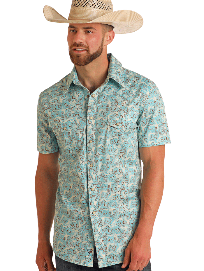 Rock & Roll Denim BMN3S05850 Men's Paisley Print Short Sleeve Snap Button Shirt in Bright Turquoise - Perfect for Casual Wear, Music Festivals & Summer Outfits