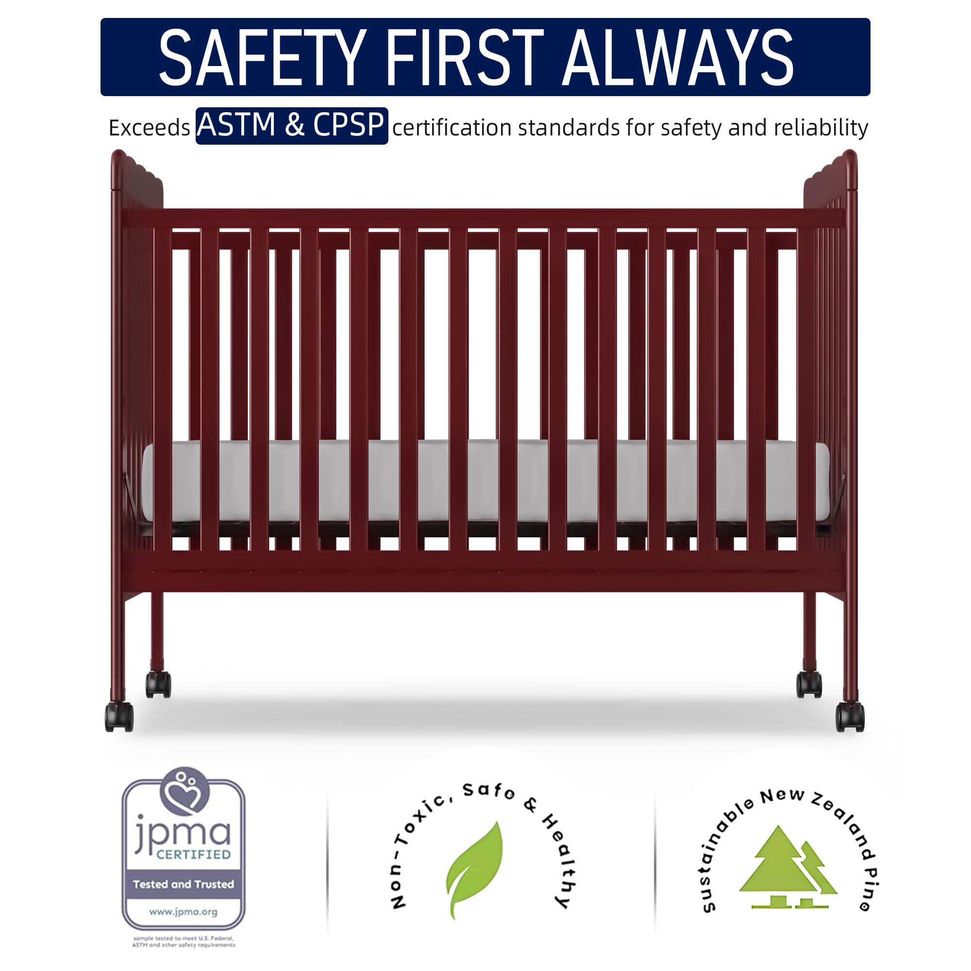 3-in-1 Convertible Baby Crib to Toddler Bed - Full Size Wooden Nursery Furniture with Locking Wheels, Non-Toxic Cherry Finish - Safe Sleeping Solution for Newborns & Toddlers