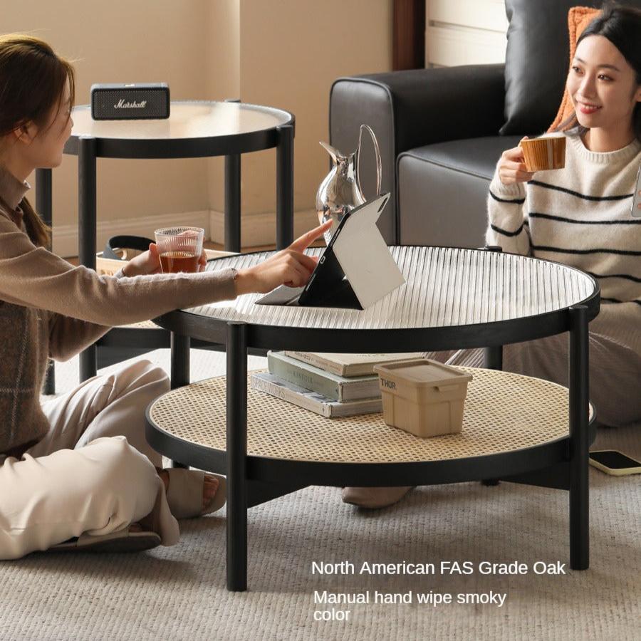 Solid Oak Wood Rattan Black Glass Round Coffee Table - Modern Living Room Centerpiece for Home Decor