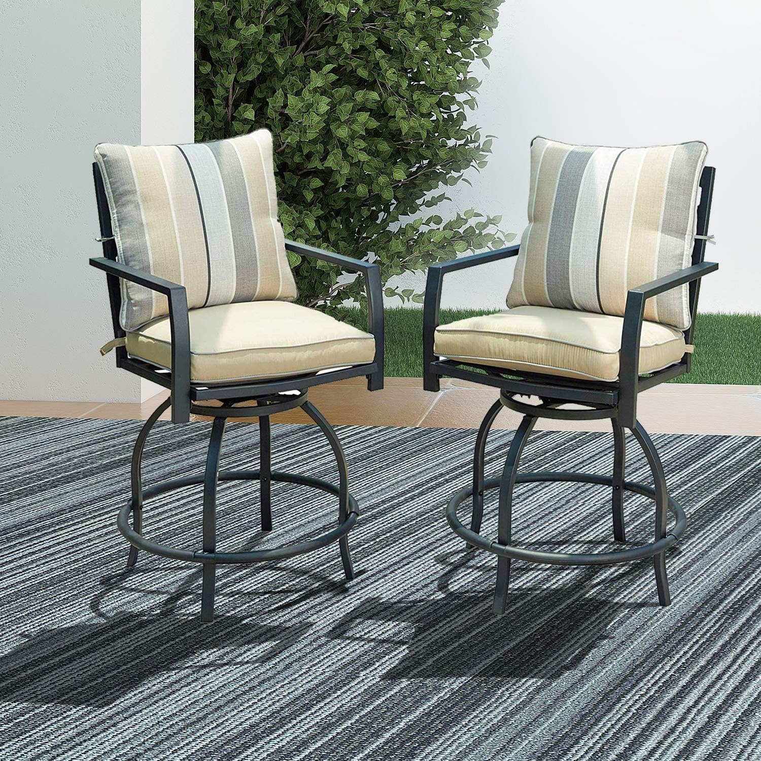 LOKATSE HOME 2-Piece Patio Swivel Bar Stools Set - Beige Outdoor Bar Height Chairs for Backyard, Deck, Poolside & Garden Relaxation