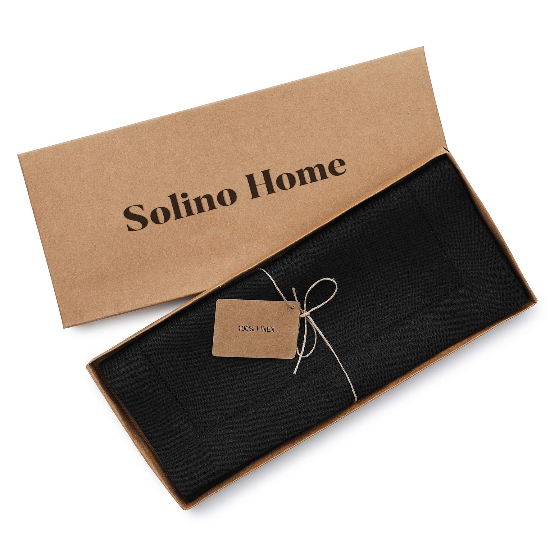 Solino Home 100% Pure Linen Table Runner 16 x 120 Inches - Classic Hemstitch Black Dining Tablecloth for Wedding, Party & Holiday Decor (Easter, Mother's Day, Spring) - Elegant Table Setting for Formal Dinners & Special Occasions