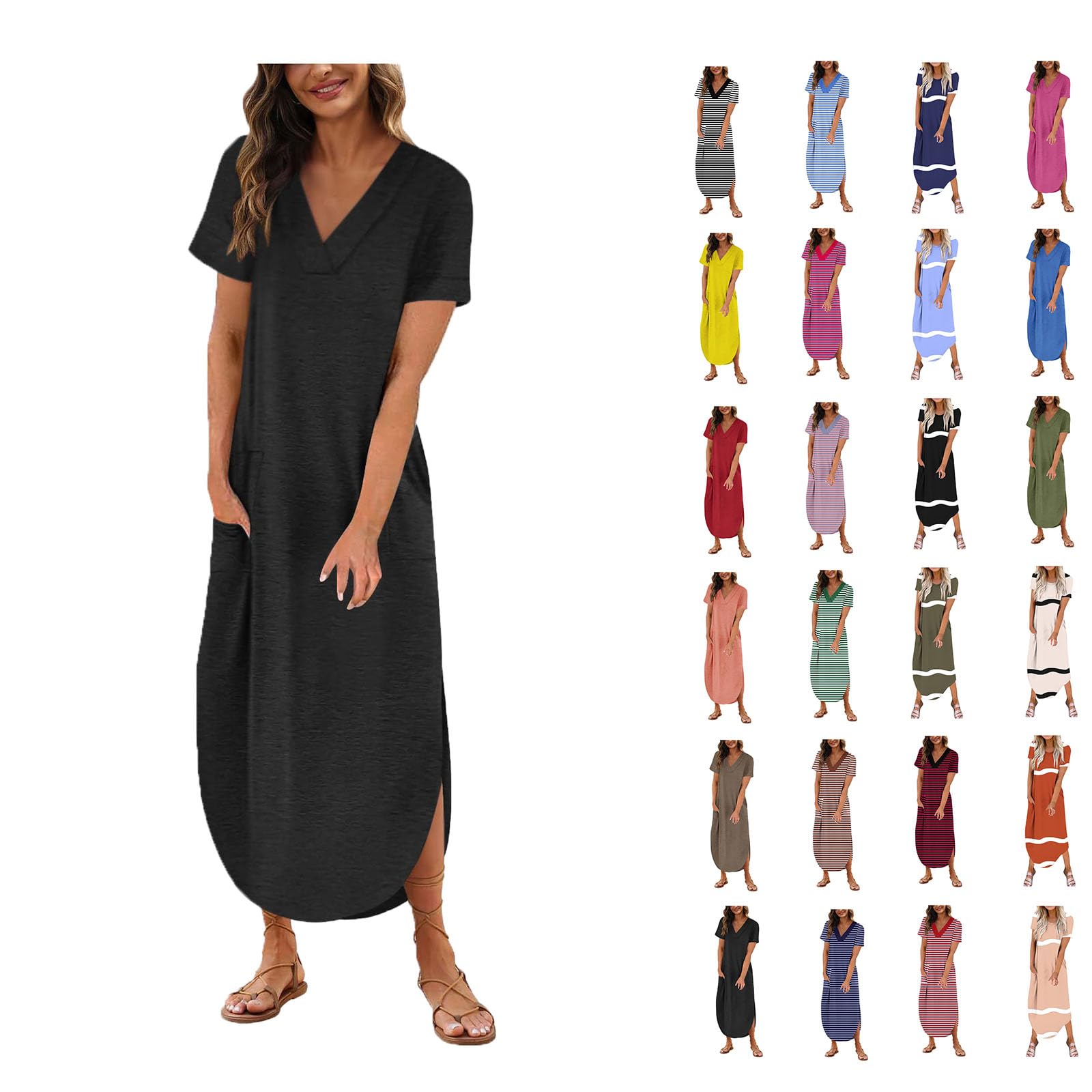 Women's Short Sleeve Maxi Dress with Pockets - 2025 Summer Casual Loose Long Split Beach Dress | Perfect for Vacation, Travel & Outdoor Activities