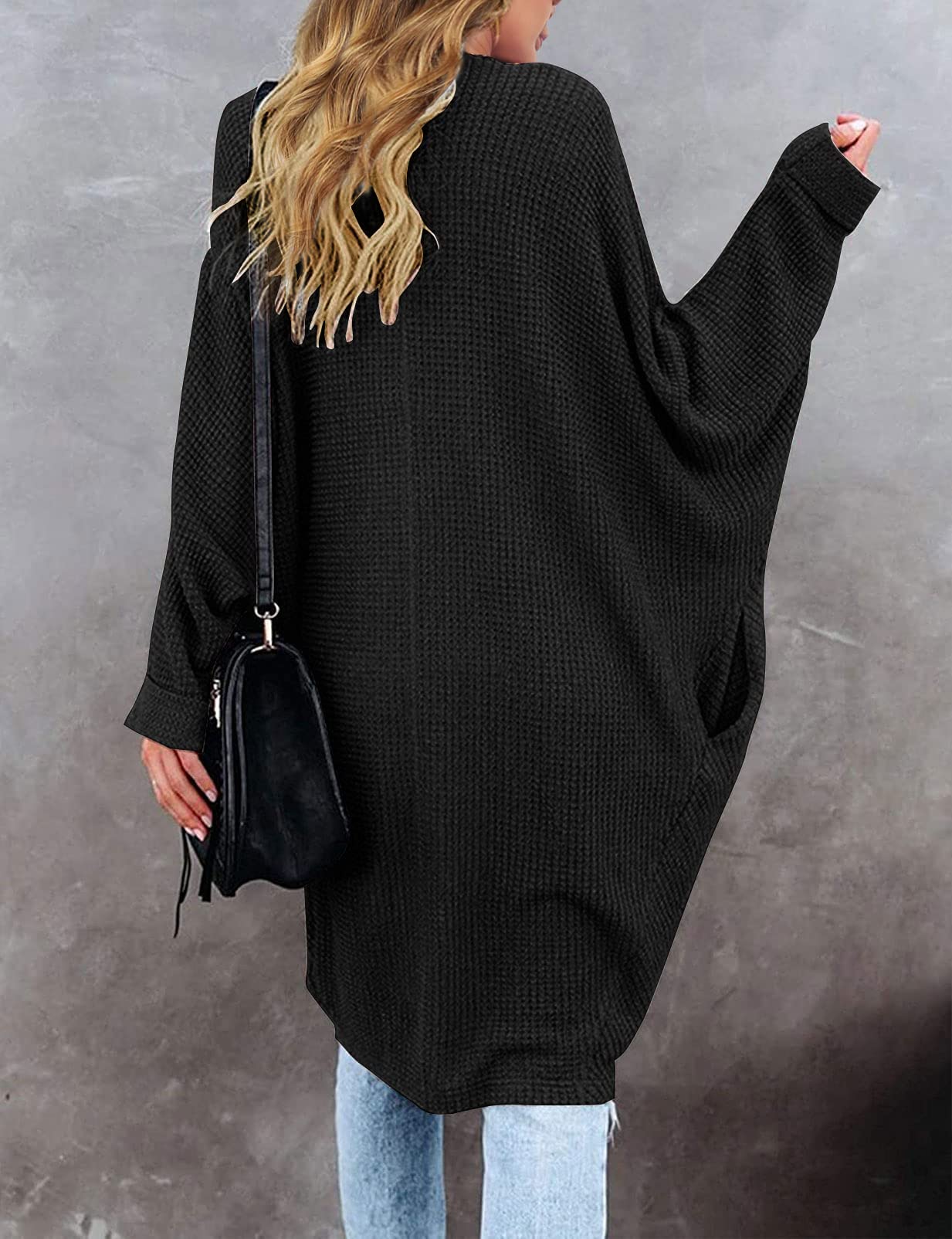 MEROKEETY Women's Waffle Knit Batwing Long Sleeve Cardigan - Loose Open Front Sweater Coat for Fall 2025 | Cozy Layering Piece for Office, Date Night & Autumn Outfits