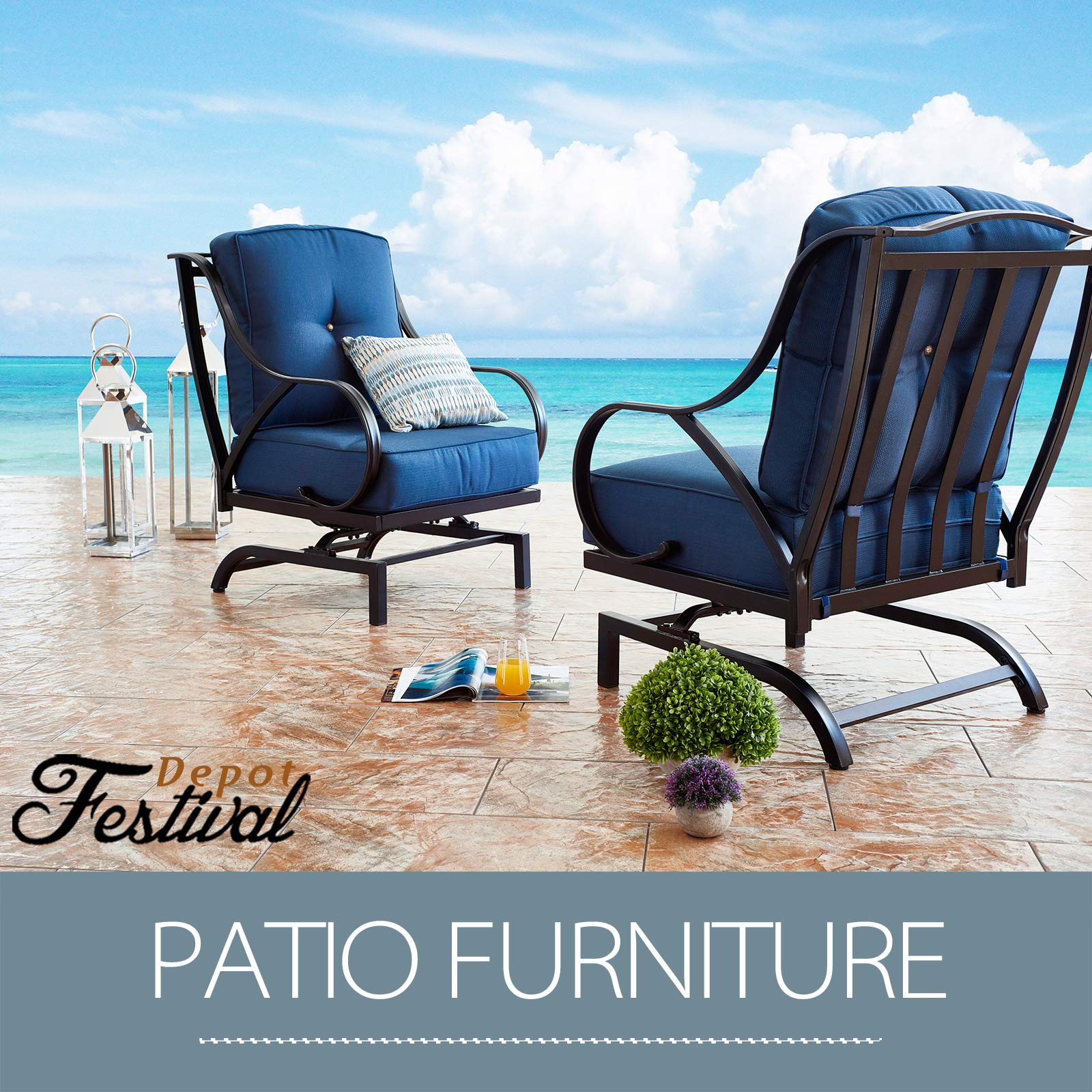 Festival Depot 2-Piece Metal Patio Armchair Set with Thick Cushions - Outdoor Bistro Furniture for Deck, Garden & Backyard (Blue) - Perfect for Relaxing, Entertaining & Outdoor Dining