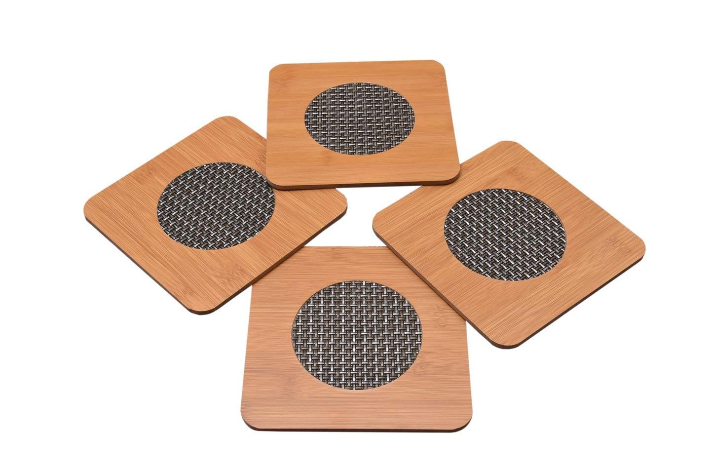 4-Piece Yellow Bamboo Wood Coasters Set - Heat Resistant Table Mats for Pans & Pots (15x15cm) - Perfect for Kitchen, Dining, and Outdoor BBQ Use