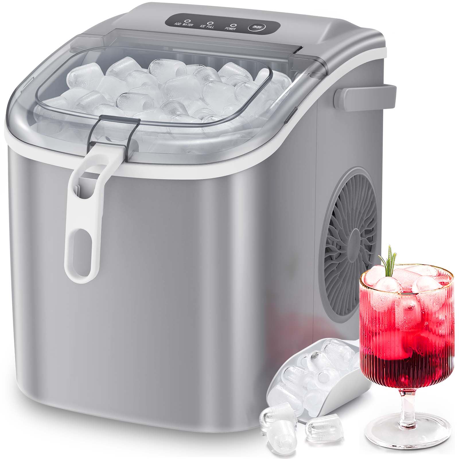 ZAFRO Portable Countertop Ice Maker Machine - 26 lbs Daily, 9 Cubes in 6 Mins, Self-Cleaning with Ice Basket & Scoop - Compact Ice Machine for Home Kitchen, Office, RV, Camping & Outdoor Parties (Grey)