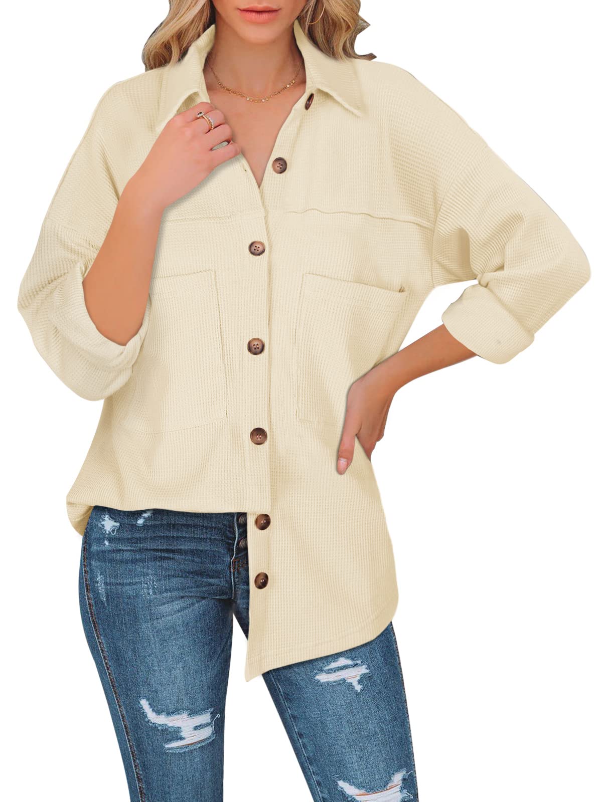 PINKMARCO Women's Loose Fit Batwing Sleeve Waffle Knit Button Down Shirt Shacket Tops - Casual Long Sleeve Blouse for Fall & Winter, Perfect for Office, Date Night and Weekend Outings