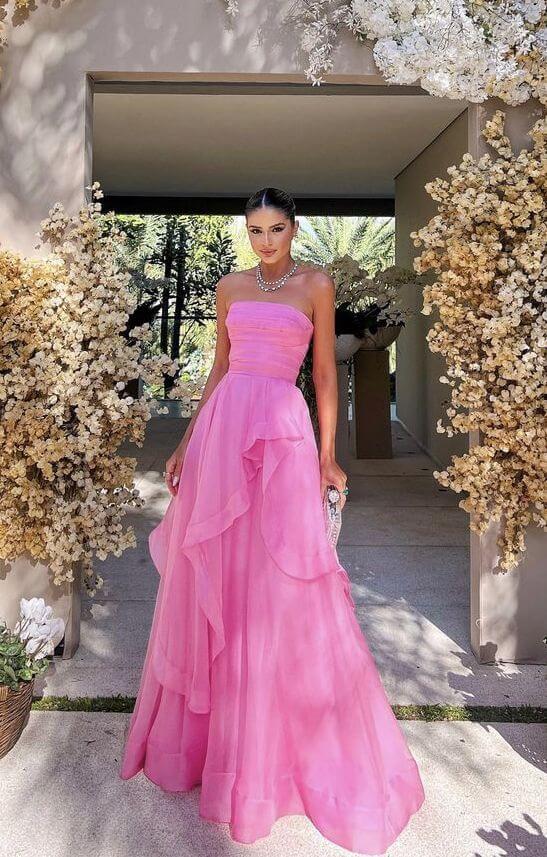 Elegant Pink A-Line Tulle Prom Dress with Ruffle Strapless Design - Modest Formal Evening Gown for Homecoming, Ball, and Special Occasions