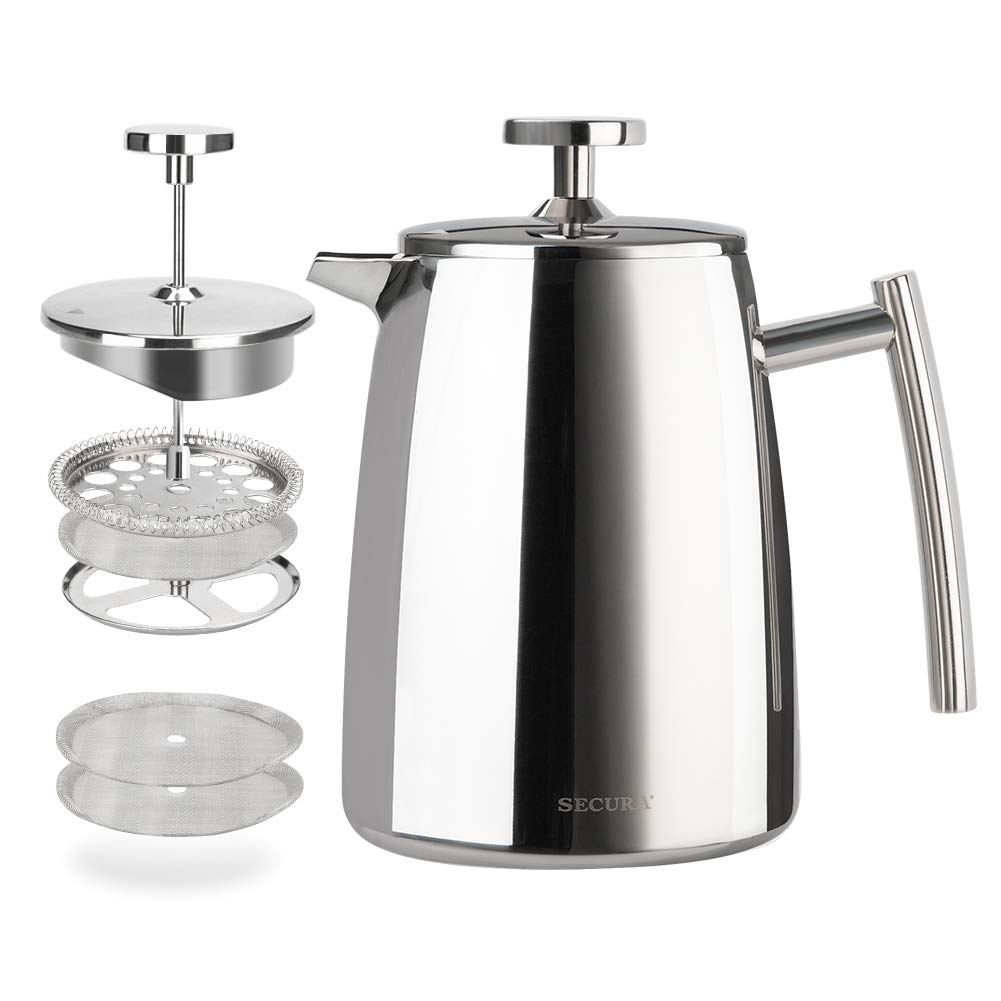 Secura 17-Ounce Stainless Steel French Press Coffee Maker - 304 Insulated Coffee Press with Extra Fine Mesh Filter Screen for Rich, Bold Brew - Perfect for Home, Office, Camping & Gifts