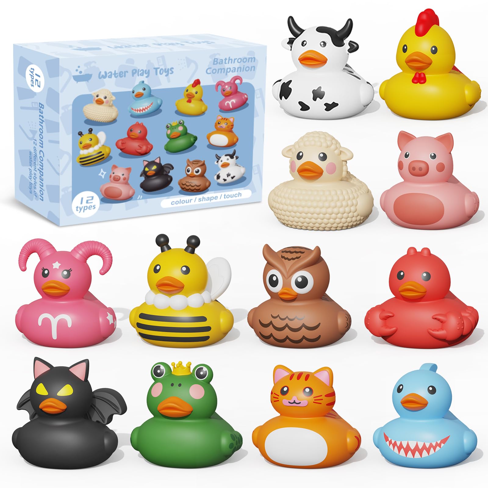 12PCS Rubber Duck Bath Toys for Toddlers - No Hole Bathtub & Pool Toys for Babies 18+ Months - Fun Water Play for Bath Time, Swimming & Sensory Development