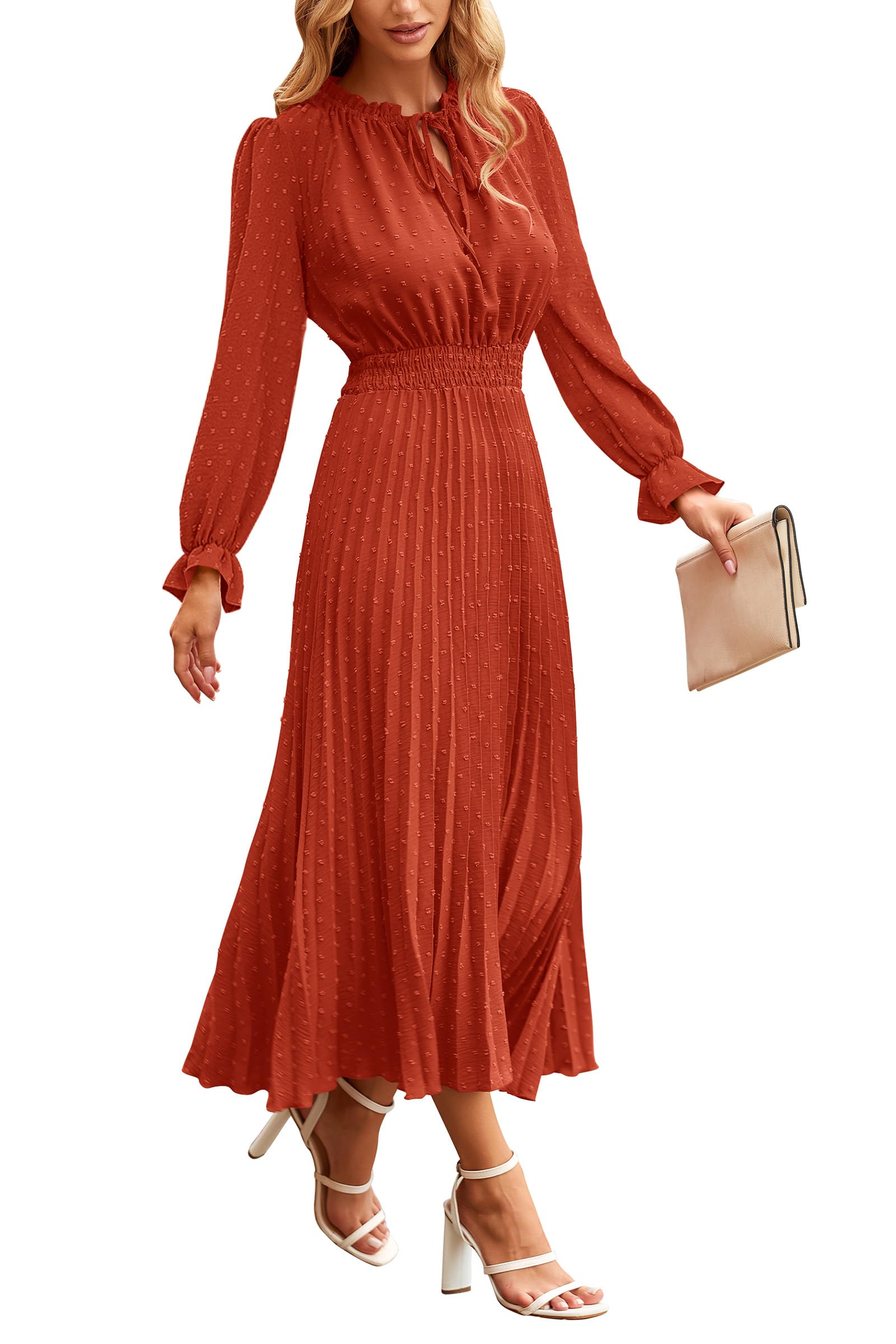 PRETTYGARDEN Women's 2025 Spring Fall Midi Dress - Casual Long Sleeve V-Neck Swiss Dot Pleated A-Line Flowy Dress for Work, Date Night & Special Occasions
