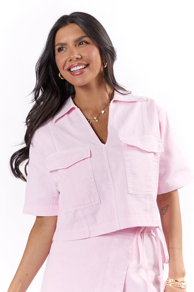 Trendy Soft Pink Cropped Denim Top for Women | Vintage Style Distressed Denim Shirt | Perfect for Summer Outfits, Music Festivals & Casual Streetwear