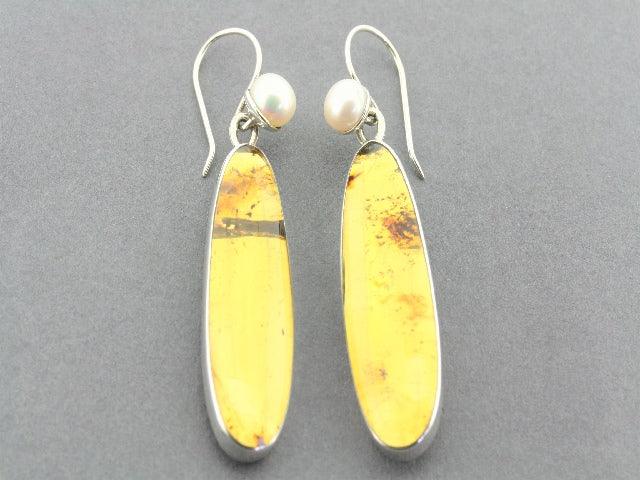 Long Amber & Pearl Earrings Sterling Silver - Elegant Dangle Earrings for Women, Perfect for Weddings, Parties & Special Occasions