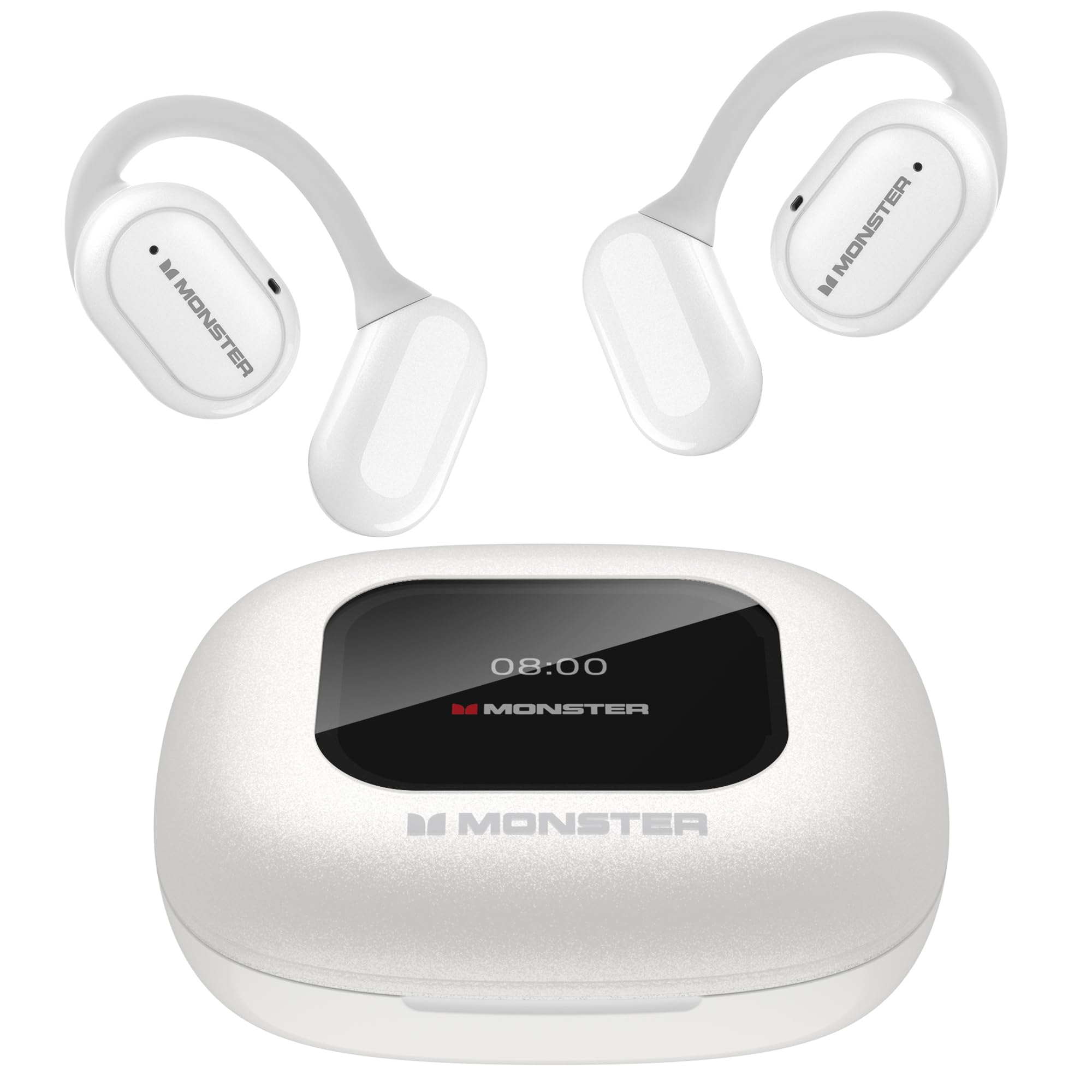 Monster Open Ear Bluetooth Headphones - Wireless Touch Control Earbuds with TF Card Support, 5 EQ Modes, IPX5 Waterproof, 30H Playtime, Comfort Fit for Running, Gym, Cycling & Outdoor Sports (White)