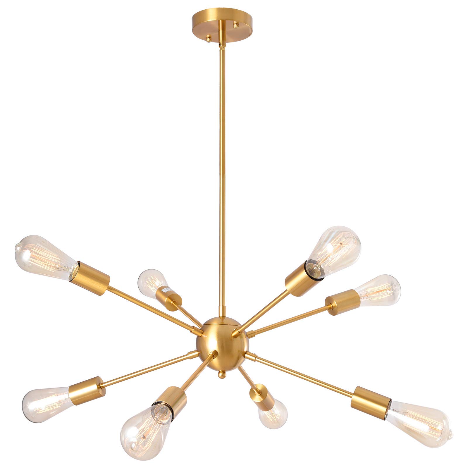 Modern 8-Light Sputnik Chandelier - Adjustable Height Brushed Brass Pendant Lighting Fixture for Living Room, Bedroom, Dining Room & Kitchen Island - Mid Century Metal Ceiling Light for Home, Bar and Restaurant Decor