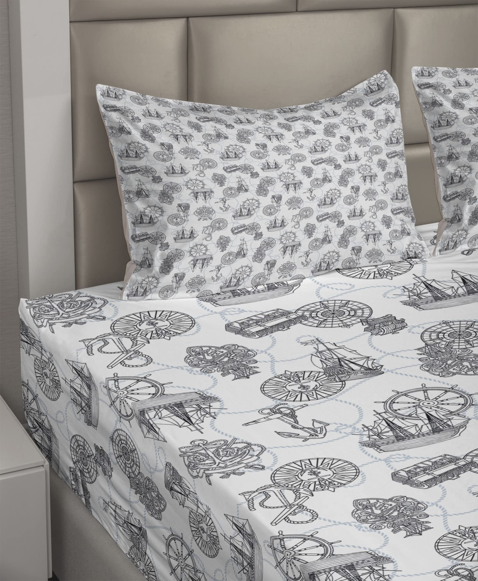 Ambesonne 4-Piece Queen Bedding Set - Nautical Compass & Sailing Boat Design with Antique Ships Wheel & Anchor in Black, Blue-Grey & White | Perfect for Coastal, Beach House or Marine-Themed Bedrooms