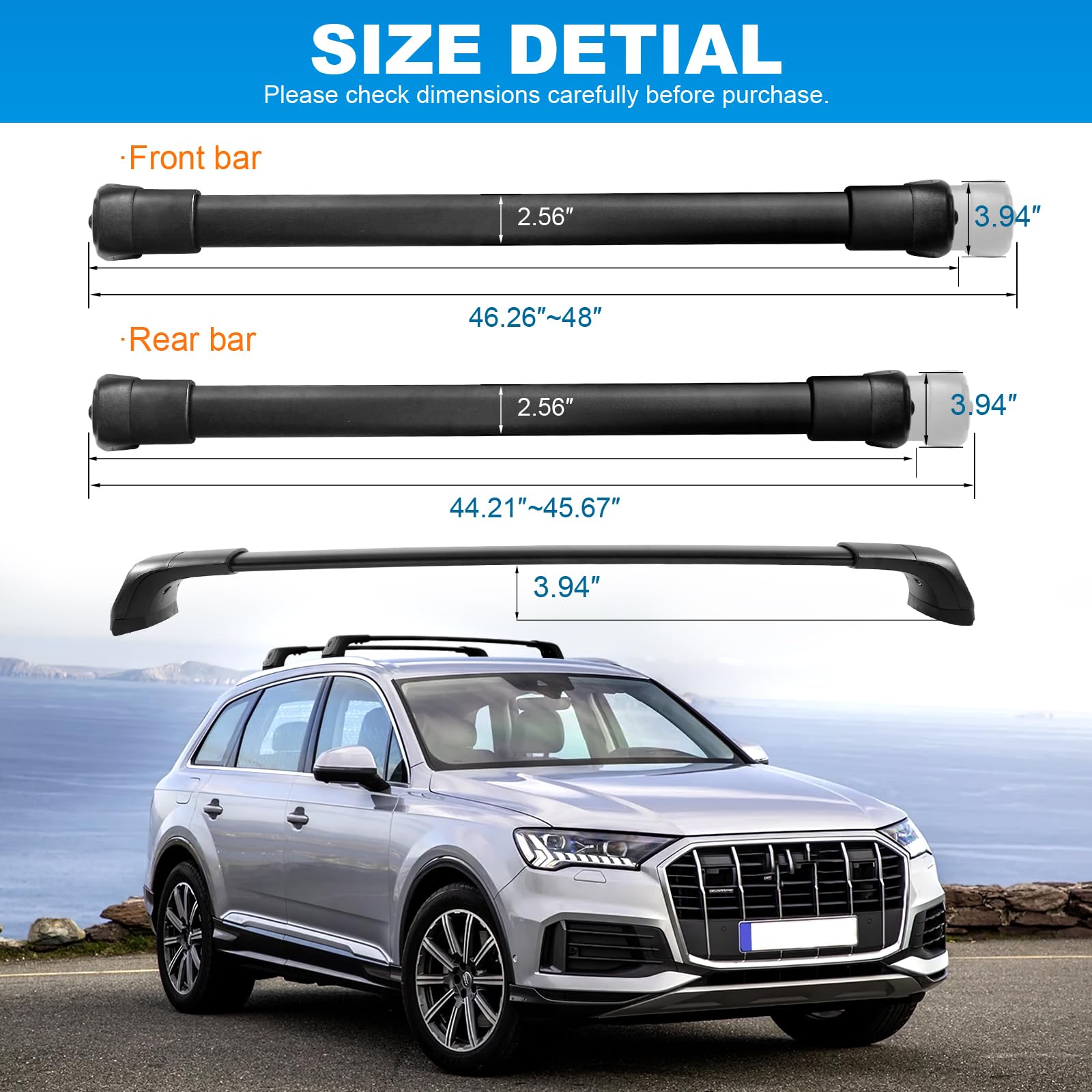 Heavy Duty Lockable Aluminum Roof Rack Cross Bars for Audi Q7 2016-2025 (with Side Rails) - 220lbs Capacity, Black Car Top Carrier for Luggage, Bikes & Outdoor Gear - Perfect for Road Trips, Camping & Adventure Travel