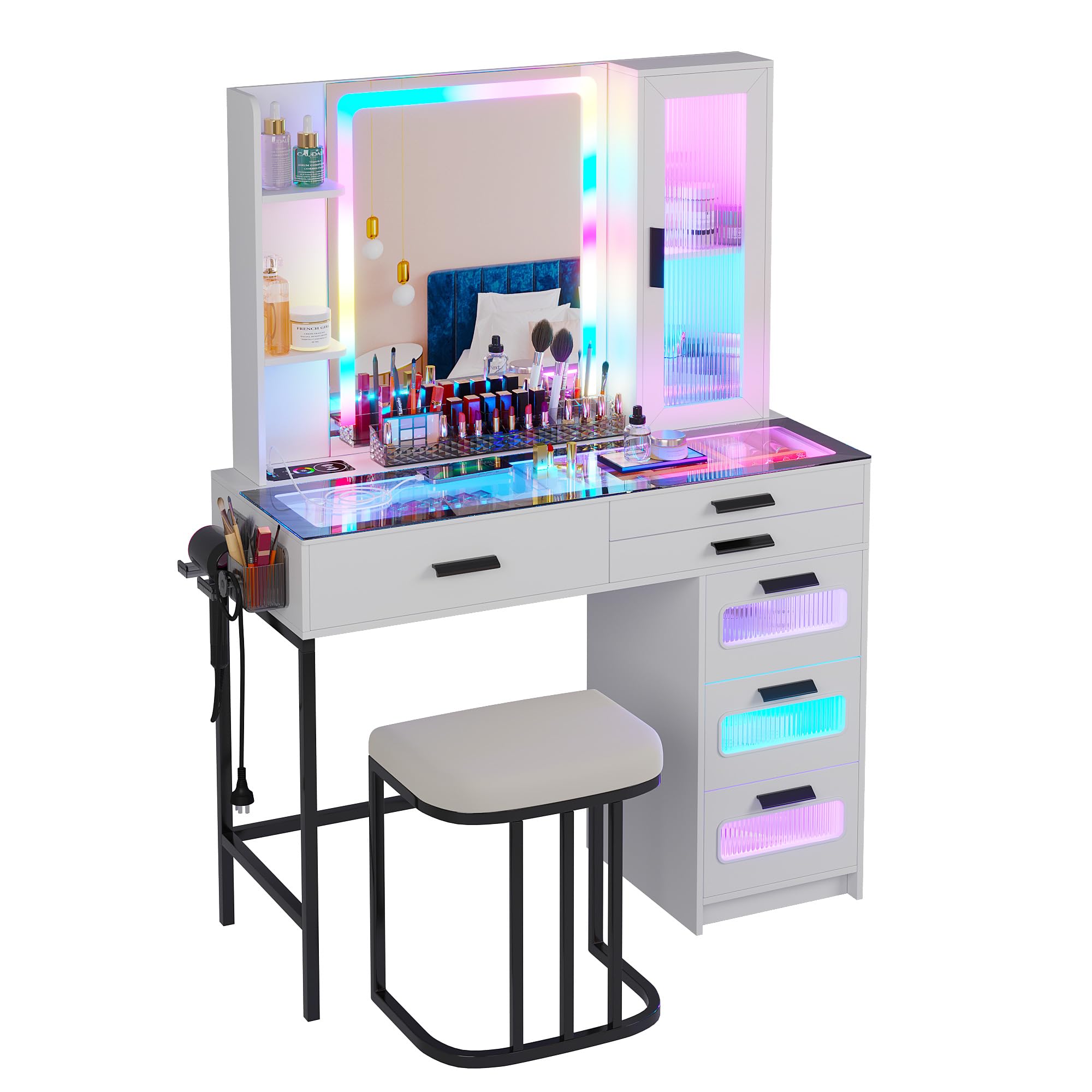 HENBC White LED Vanity Desk with Mirror, Wireless Charging Station (USB+Type-C), RGB Makeup Table Set with Stool, Organizer & 6 Drawers - Perfect for Bedroom, Dressing Room & Beauty Salon Makeup Application