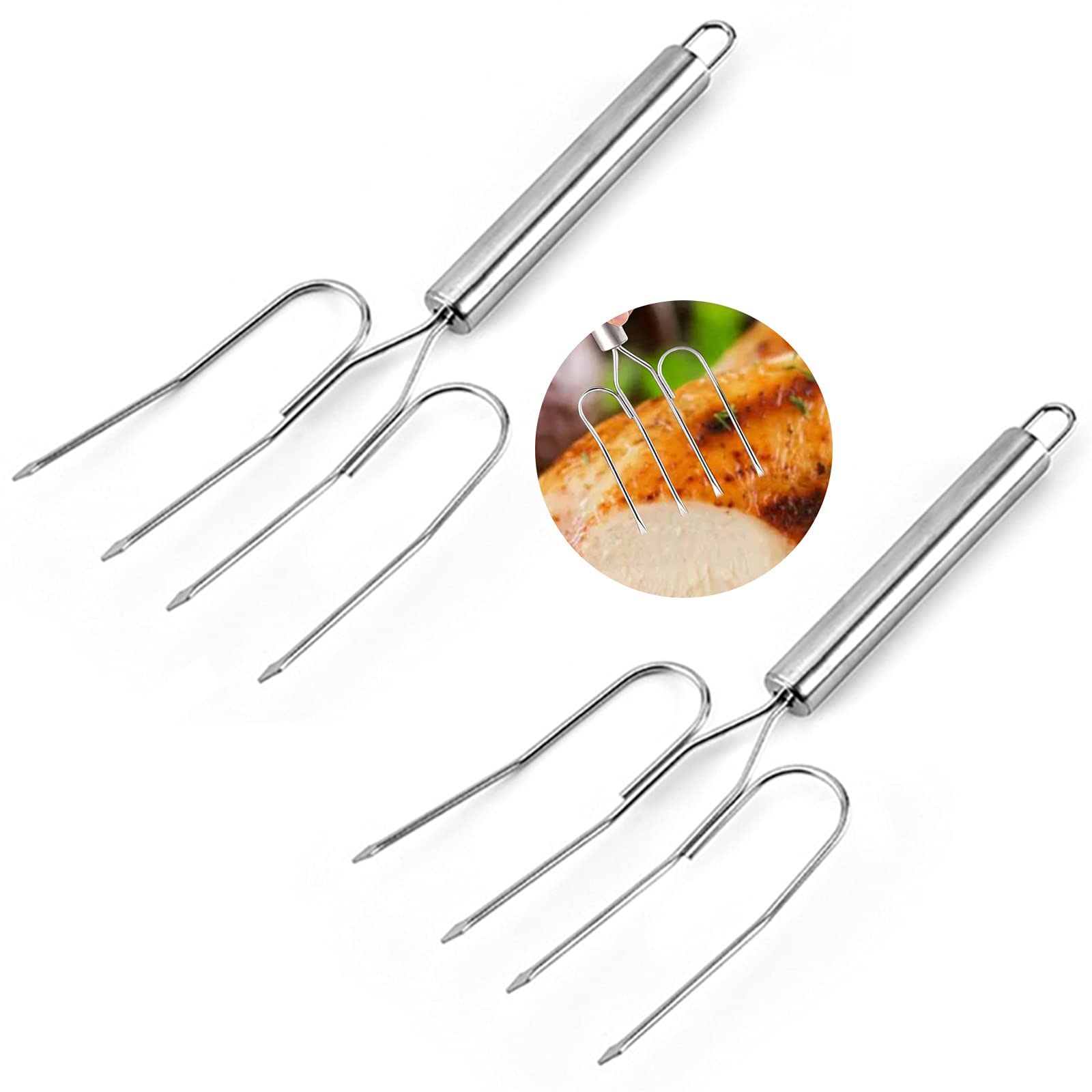 **Professional Stainless Steel Poultry Lifting Forks - 4-Prong BBQ Skewers for Turkey, Steak, Hot Dogs - Heavy Duty Metal Handle (2-Pack) - Perfect for Grilling, Roasting & Outdoor Barbecues**