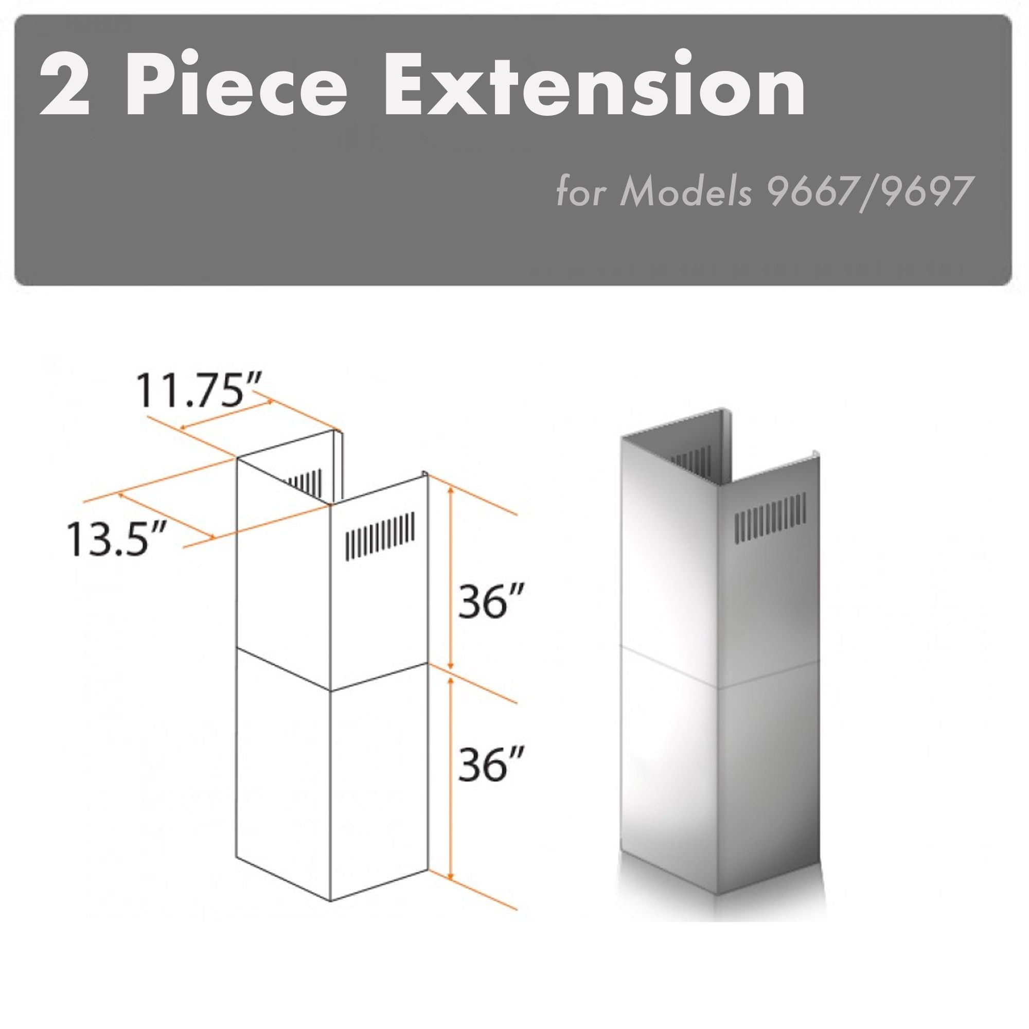ZLINE 2-Piece 36-Inch Chimney Extension Kit for 10-12 Foot Ceilings (Model 2PCEXT 9667/9697) - Perfect for Kitchen Range Hood Ventilation & Home Improvement Projects