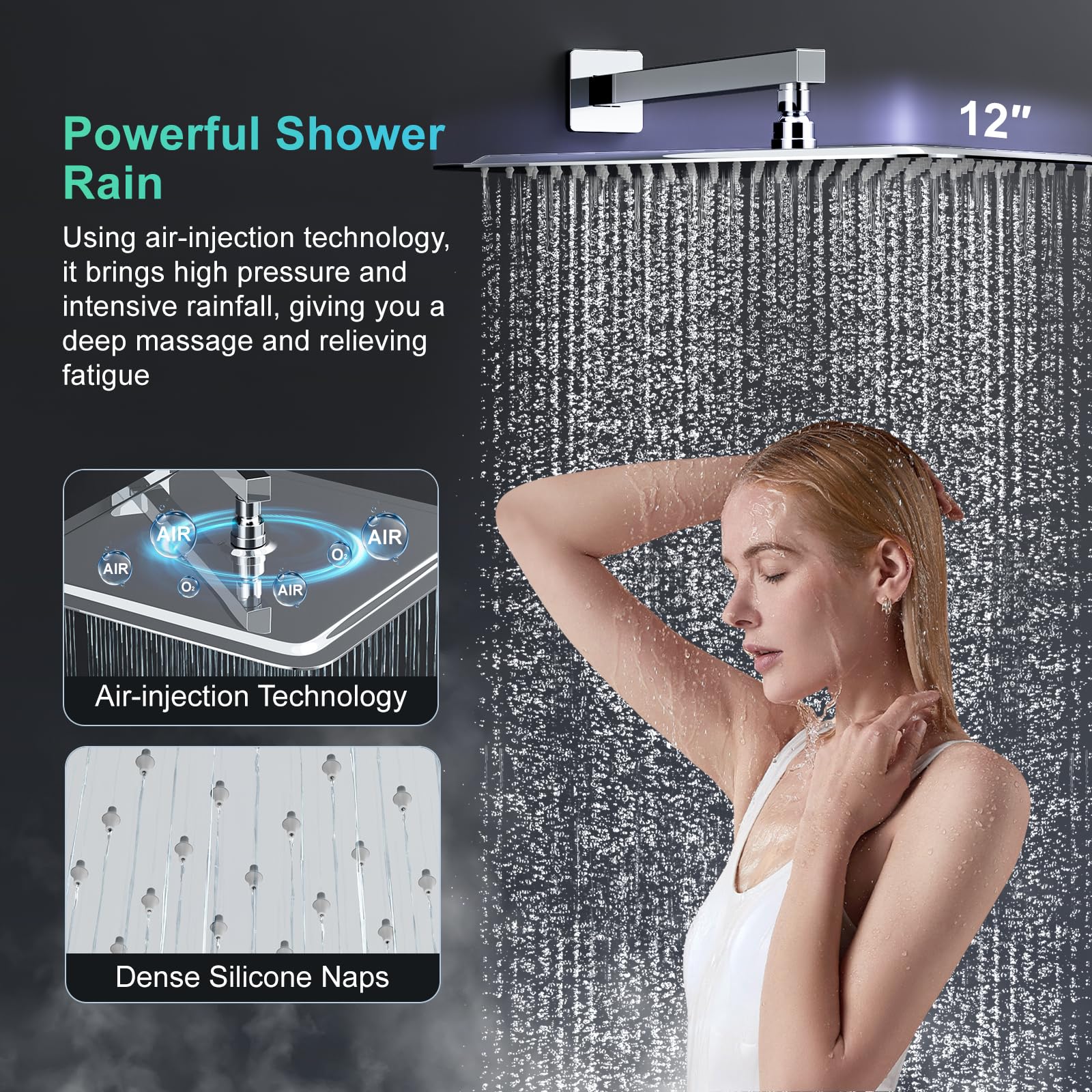 SR SUN RISE 12 Inch Slide Bar Shower System - Square Rainfall Shower Head & Handheld Spray Combo, Wall Mounted Shower Faucet Set with Valve & Trim Kit in Polished Chrome | Perfect for Modern Bathroom Renovation & Spa-Like Shower Experience