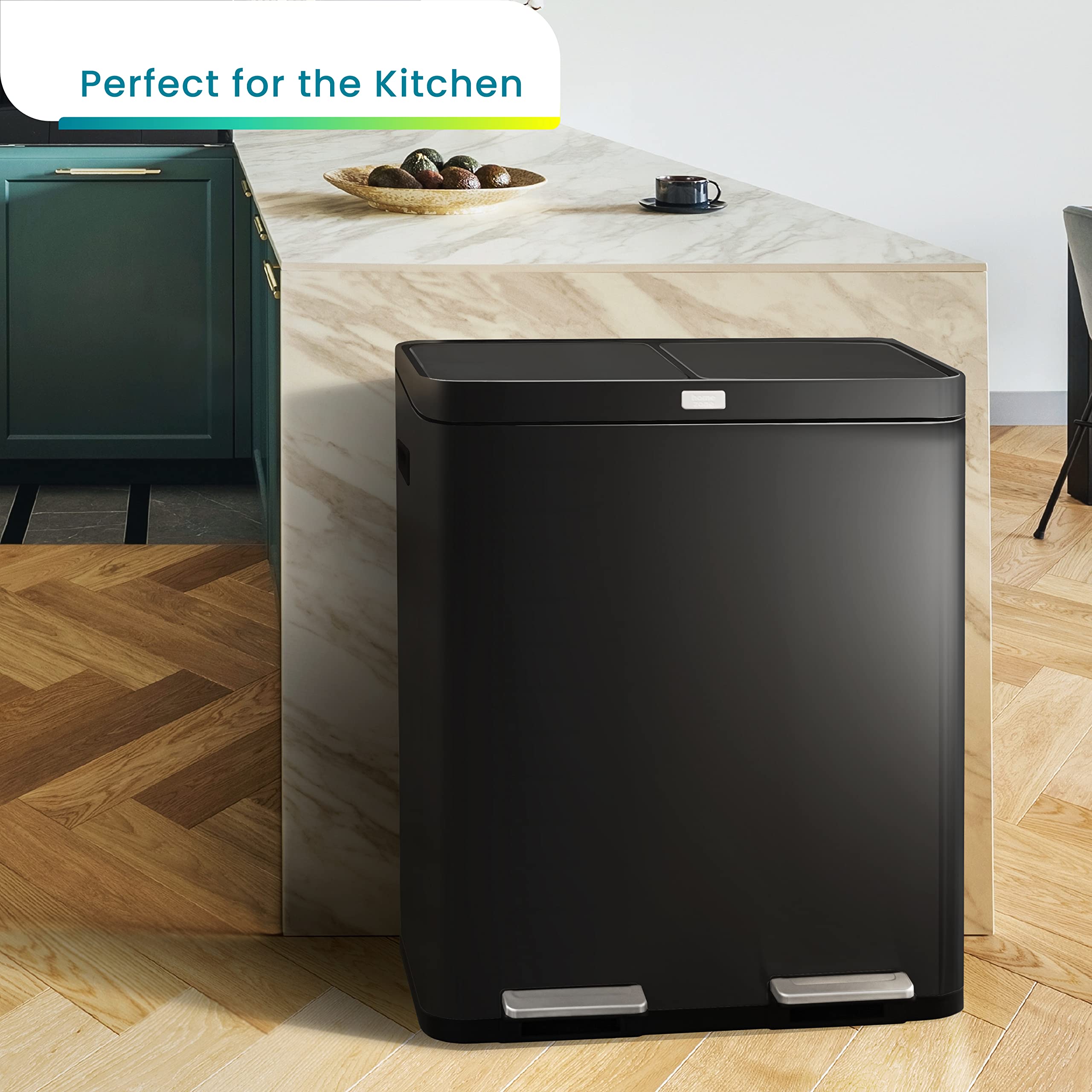 15.8 Gallon Stainless Steel Kitchen Trash Can with Odor Control - Dual Removable Liners for Recycling & Waste - Matte Black Home Trash Bin for Kitchen, Office & Bathroom - Home Zone Living CleanAura Series