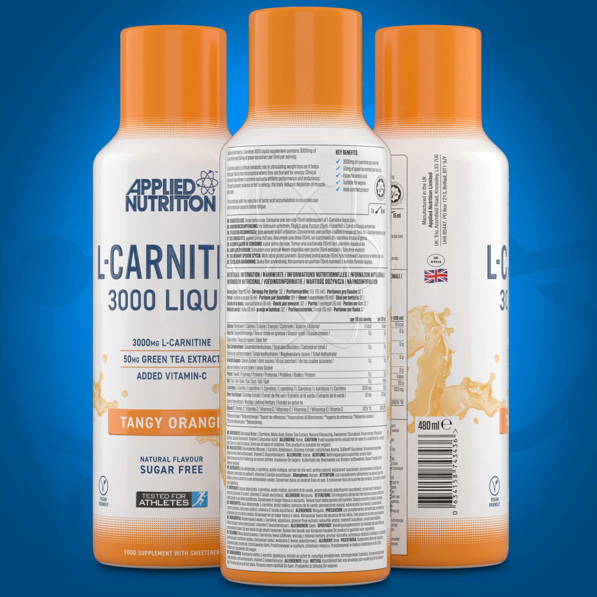 Applied Nutrition L Carnitine 3000 Liquid Supplement - 480ml Bottle for Weight Loss & Energy Boost | Pre-Workout & Post-Workout Recovery