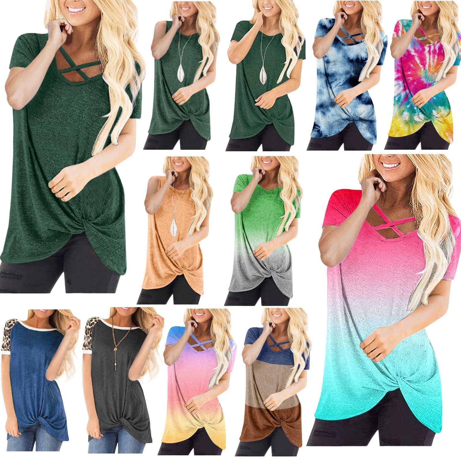 Huneny Women's Stylish Crewneck Short Sleeve Tops & Tunic Tank Tops - Trendy Side Twist Knot Tie Dye Summer Shirts for Casual Wear, Office, and Date Nights