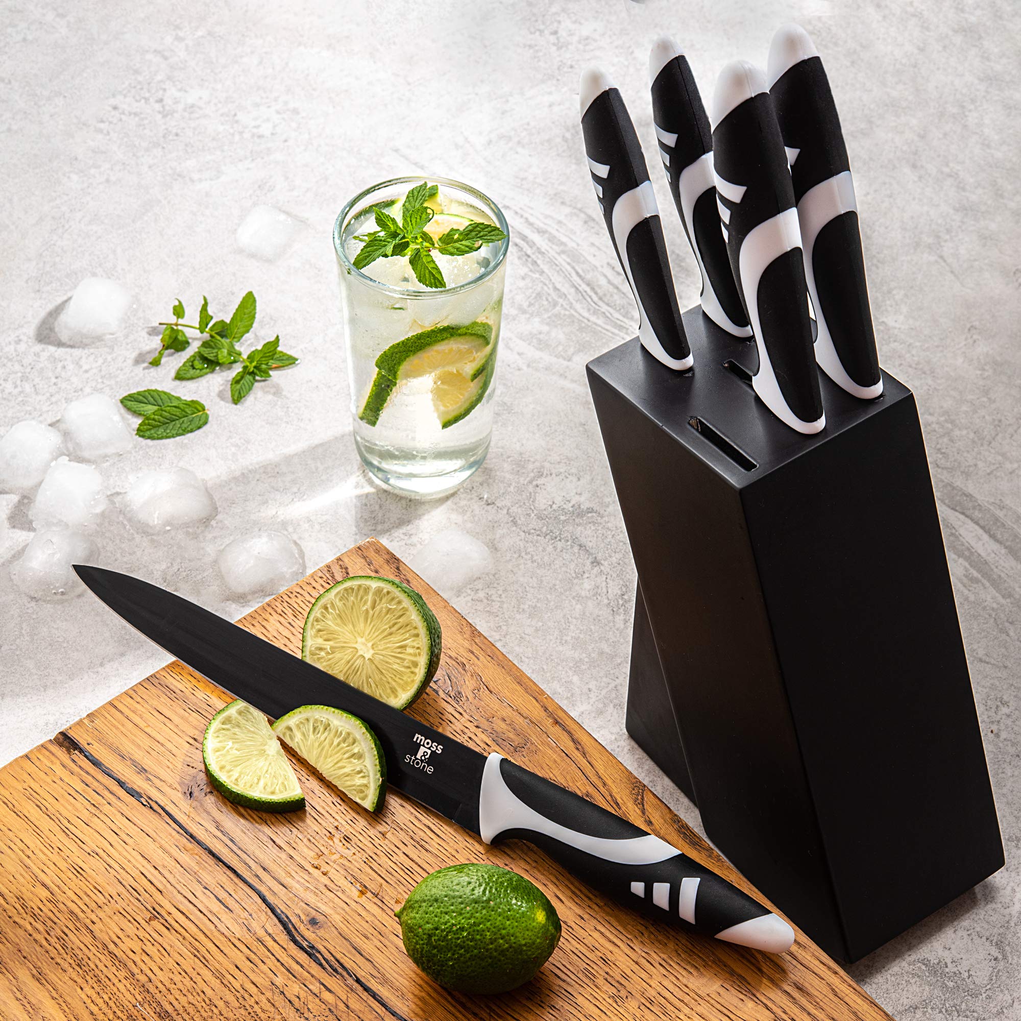 7-Piece Professional Kitchen Knife Set with Block - Black Titanium Plated Stainless Steel Chef Knives - Rust Proof & Scratch Resistant Sharp Knives for Cooking, Slicing, Dicing - Perfect for Home Chefs & Professional Kitchens
