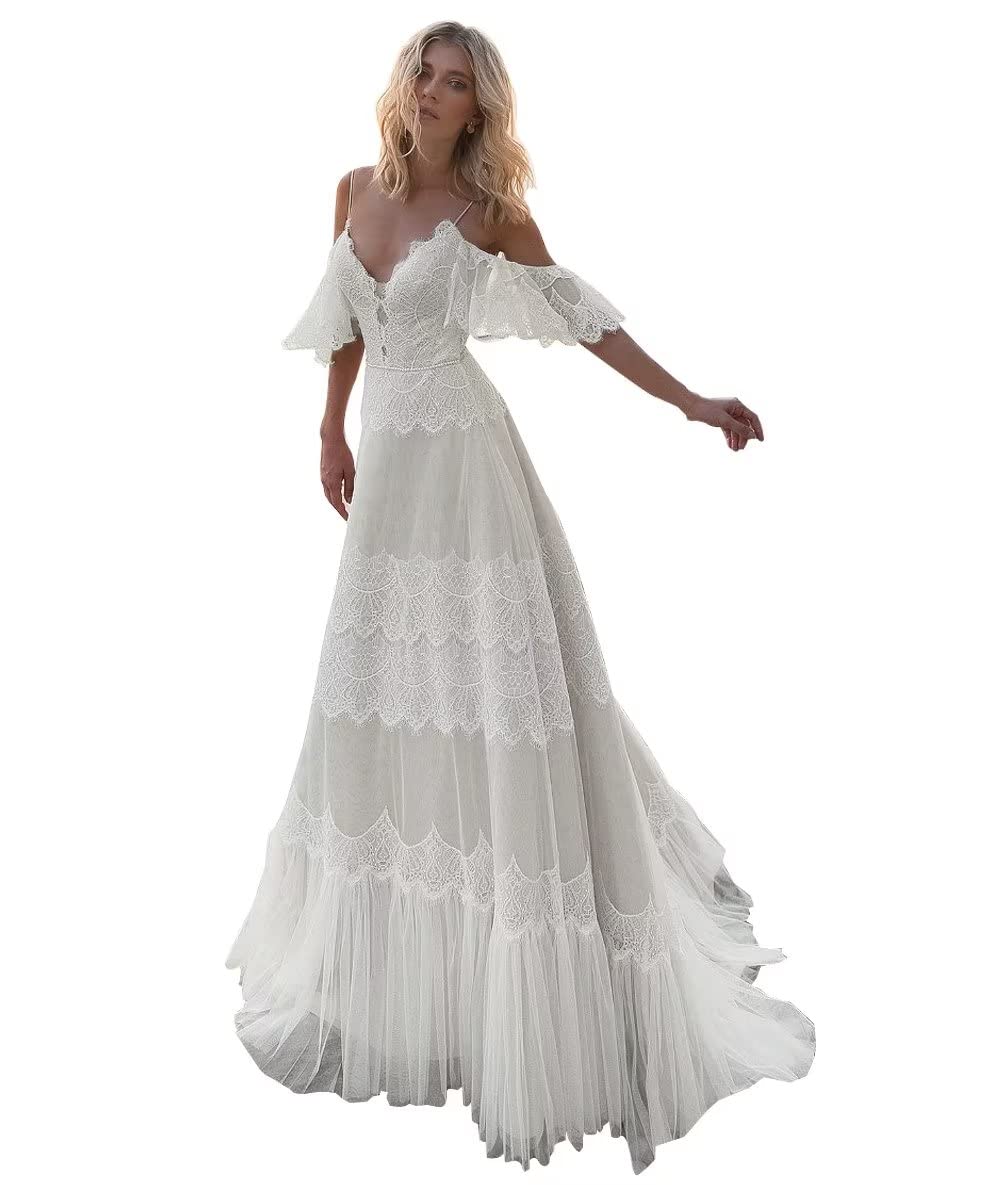 WDBFY Women's Bohemian Wedding Dress with Chic Ruffle Sleeves & Lace Details - V-Neck Evening Gown for Beach Weddings, Garden Parties & Romantic Date Nights