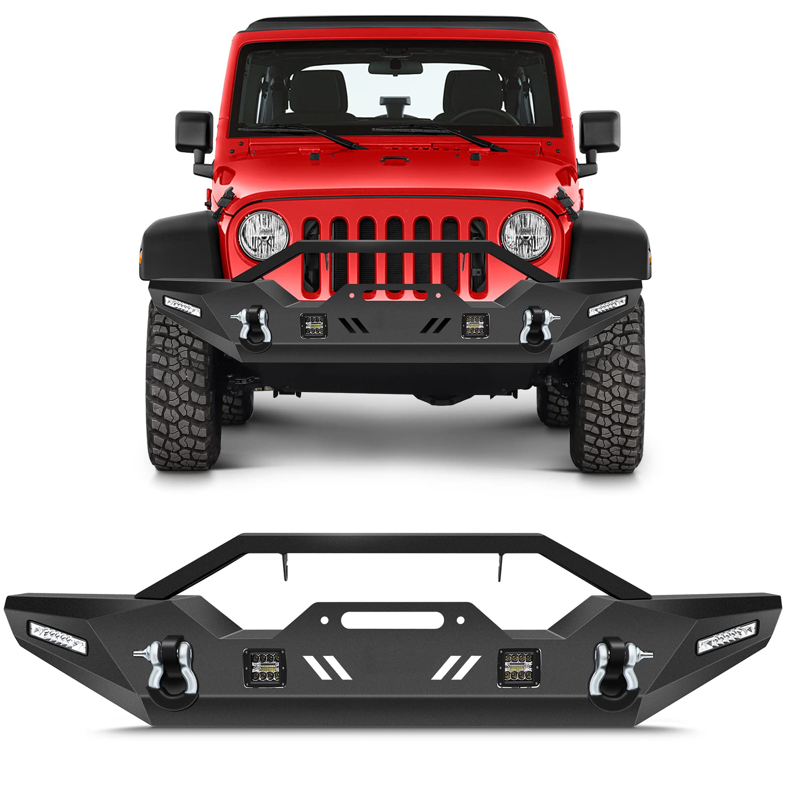 CCiyu Textured Black Front Bumper with D-Ring & LED Lights | Winch Plate Compatible for Jeep Wrangler JK 2007-2018 | Off-Road Adventure & Heavy-Duty Protection