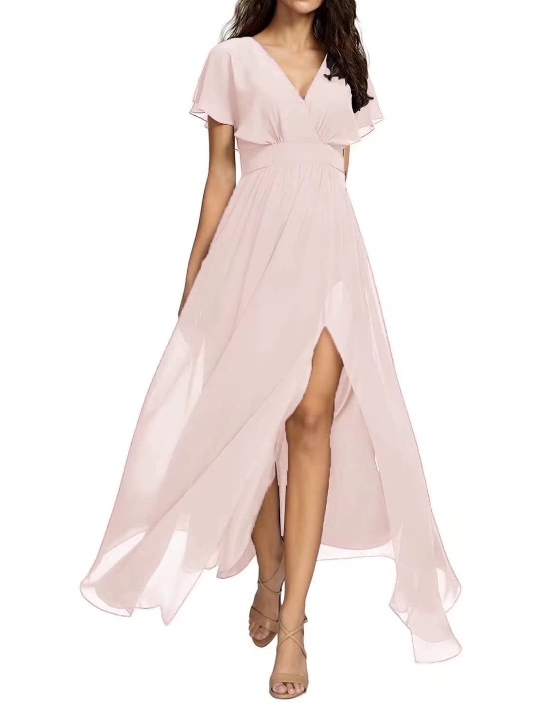 Yadressy Women's Long Sleeve Chiffon Bridesmaid Dress with Slit & Ruffle Details - A-Line Formal Maxi Dress for Evening Parties, Weddings & Special Occasions