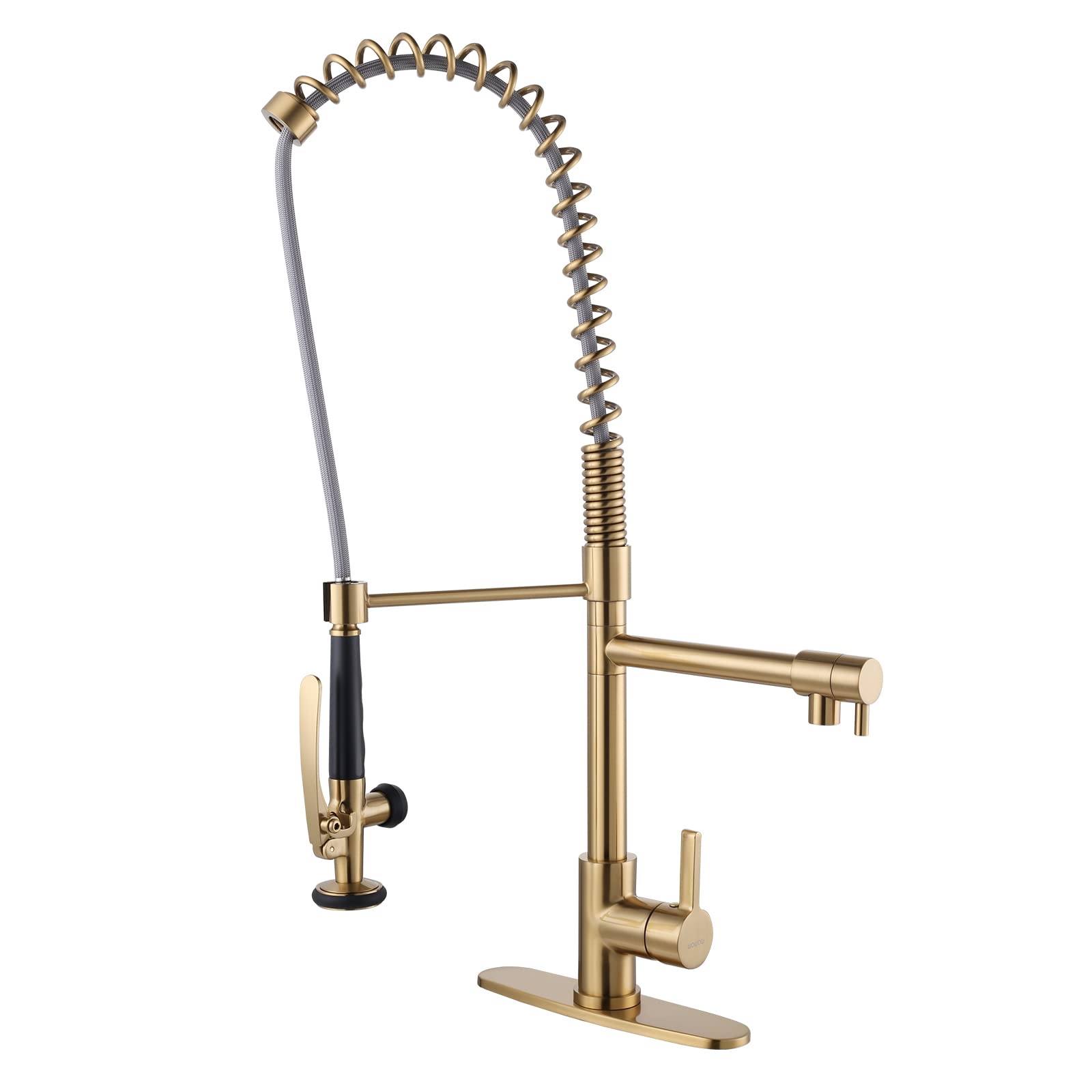Commercial Grade Brushed Brass Kitchen Faucet with Pre-Rinse Sprayer - Heavy Duty Restaurant Sink Faucet for 1 or 3 Hole Installation (Includes Deck Plate) - Perfect for High-Traffic Kitchens, Outdoor Bars & Food Service Areas