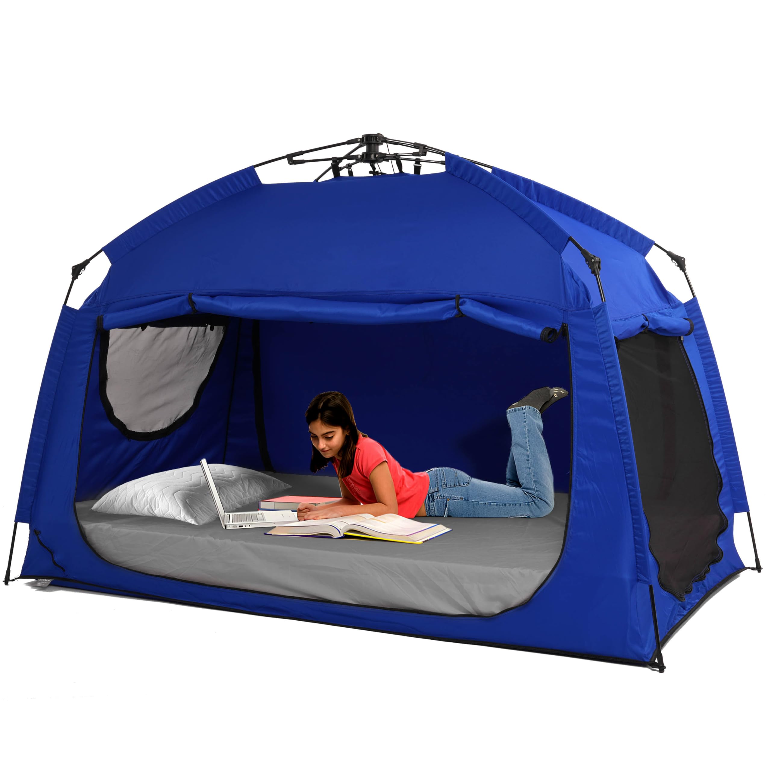 Instant Privacy Bed Tent for Sleeping - Quick Set Up Portable Bed Canopy with 3 Doors & Spacious Interior (Blue, Full Size) | Perfect for Dorm Rooms, Camping & Guest Privacy