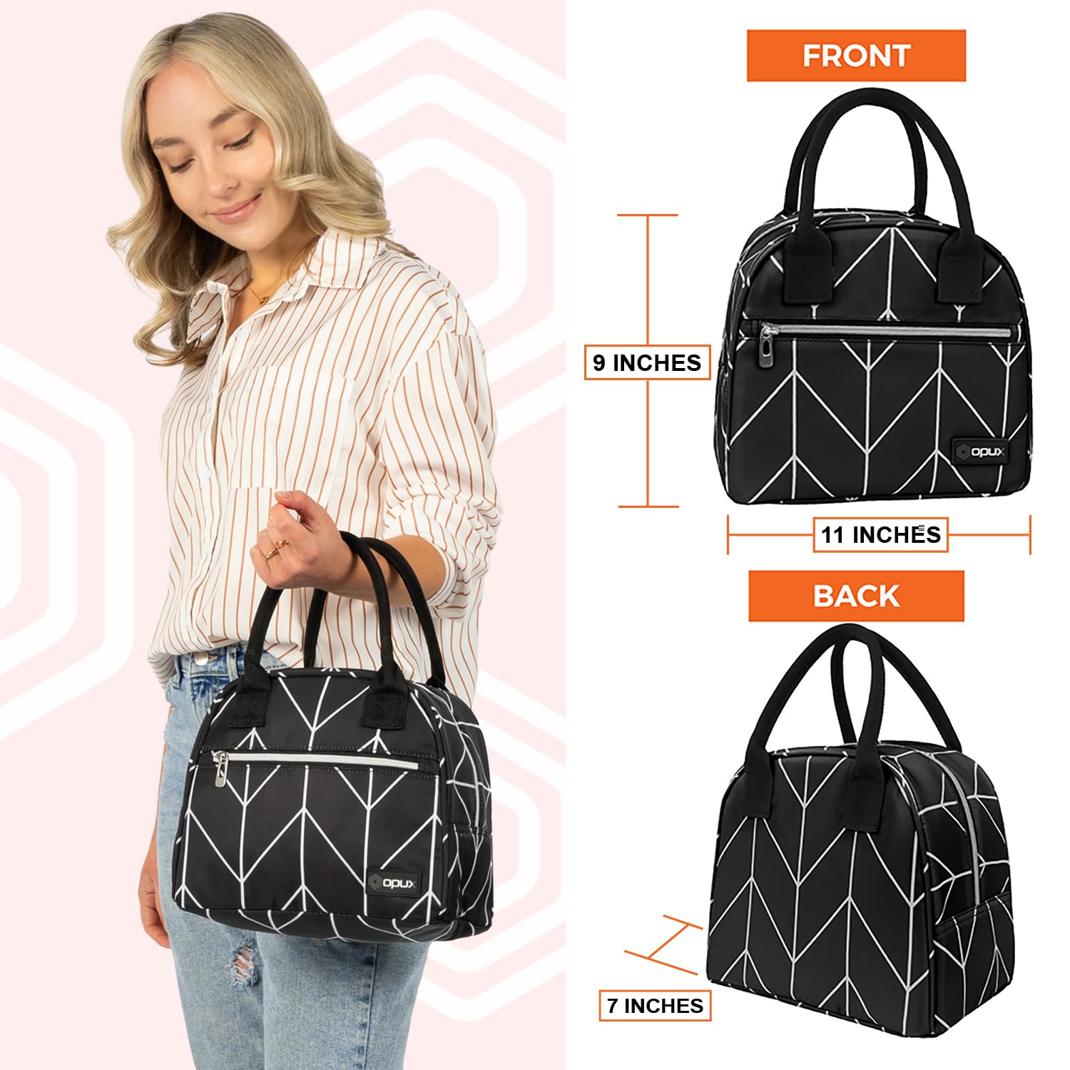 Opux Insulated Lunch Box for Women & Girls - Cute Soft Thermal Lunch Bag for Kids, Teens & Adults - Reusable Food Cooler for Work, School, Meal Prep & Travel - Beach Picnic Organizer - Black Chevron Design