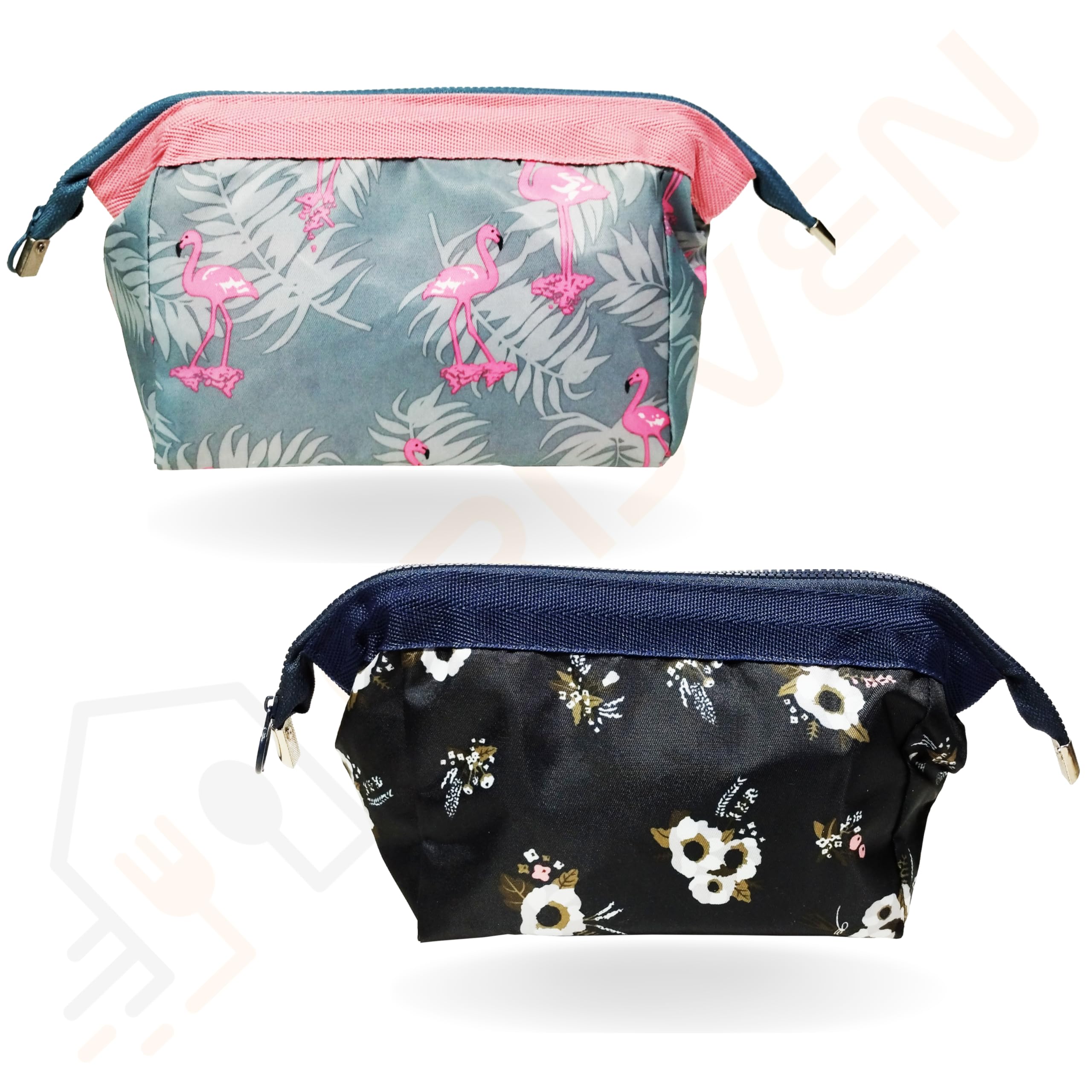 FRIJVEN Printed Cosmetic Makeup Pouch - 9cm Women's Toiletry Organizer Bag, Small Travel Makeup Case for Grooming Kit (Grey & Blue) | Perfect for Travel, Gym & Daily Essentials Storage