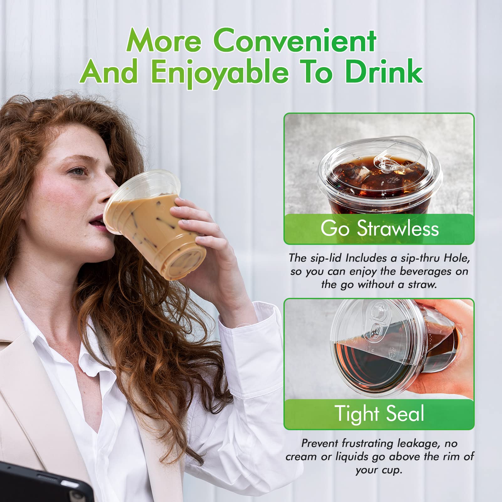 Lilymicky 100-Pack 12 oz Clear Disposable Plastic Cups with Strawless Sip Lids - Perfect for Iced Coffee, Smoothies, Slurpees & Cold Drinks - Ideal for Parties, Picnics, BBQs & Office Use