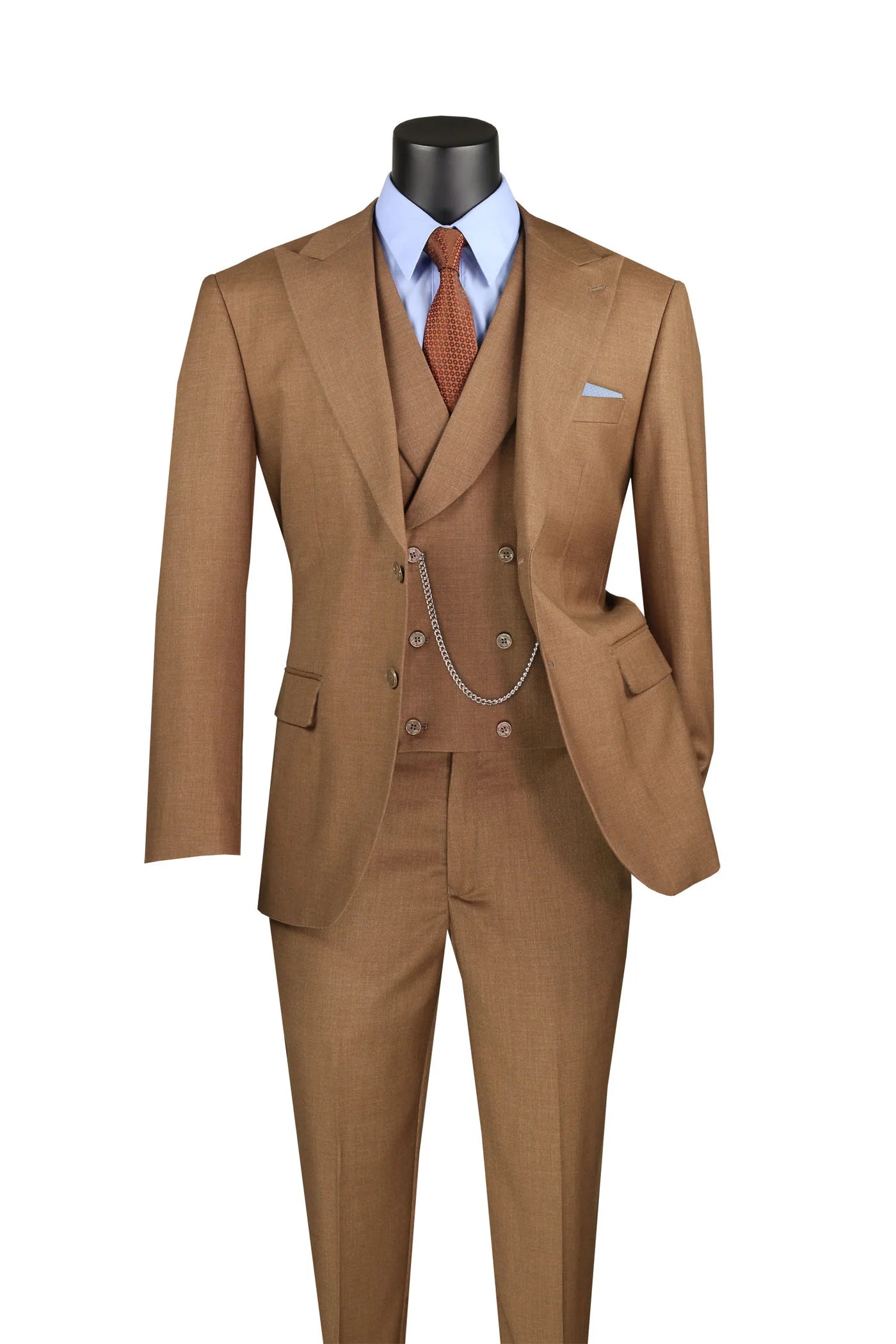 Light Brown Modern Fit 3 Piece Suit for Men - Lapel Vest & Adjustable Dress Pants | Business Formal, Wedding & Special Occasion Attire