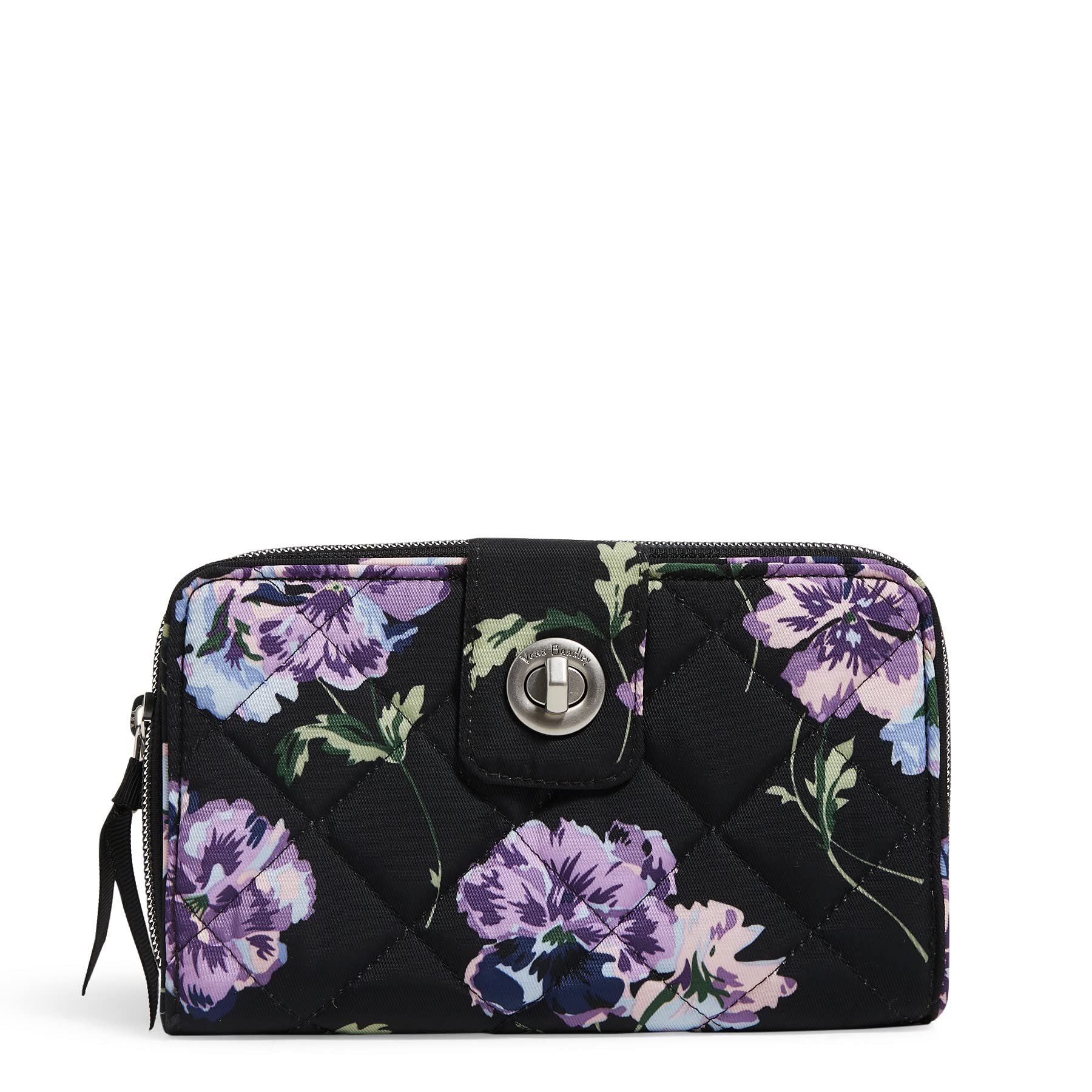 Vera Bradley Women's RFID Blocking Turnlock Wallet - Performance Twill Fabric, Floating Plum Pansies Design, Compact & Secure for Everyday Use | Perfect for Travel, Shopping & Daily Essentials