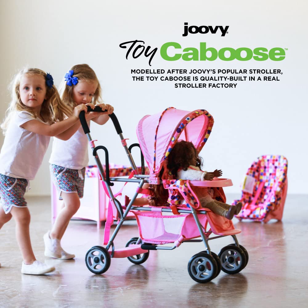 Joovy Toy Caboose Baby Doll Stroller with Reclining Seat, Adjustable Footrest & Storage - 3 Doll Capacity | Pink Dot Stroller for Kids Pretend Play, Role Play & Indoor/Outdoor Toddler Activities