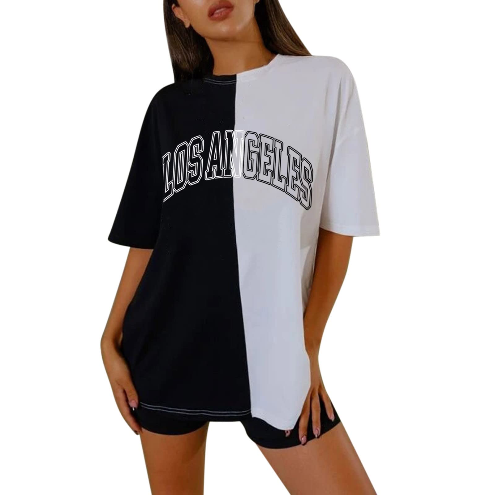 Vintage Color Block Oversized Graphic T-Shirts for Women - Short Sleeve Casual Tee - Los Angeles Inspired Streetwear for Everyday Wear & Weekend Outfits