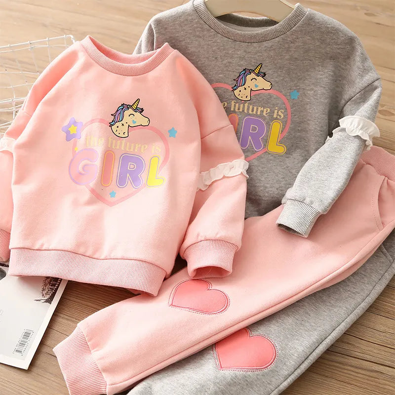 Girls Autumn Casual Sweater Suit Set - Cartoon Print Long Sleeve Round Neck Top & Love Pattern Pants 2-Piece Outfit | Perfect for School, Playdates & Family Photos