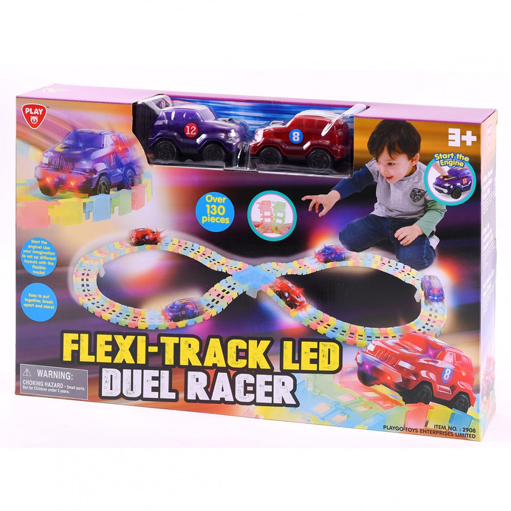 PlayGo Toys Flexi Track LED Duel Racer - High-Speed Racing Car Set with Glow-in-the-Dark Tracks for Kids - Perfect for Indoor & Outdoor Play, Birthday Gifts, and Family Game Nights