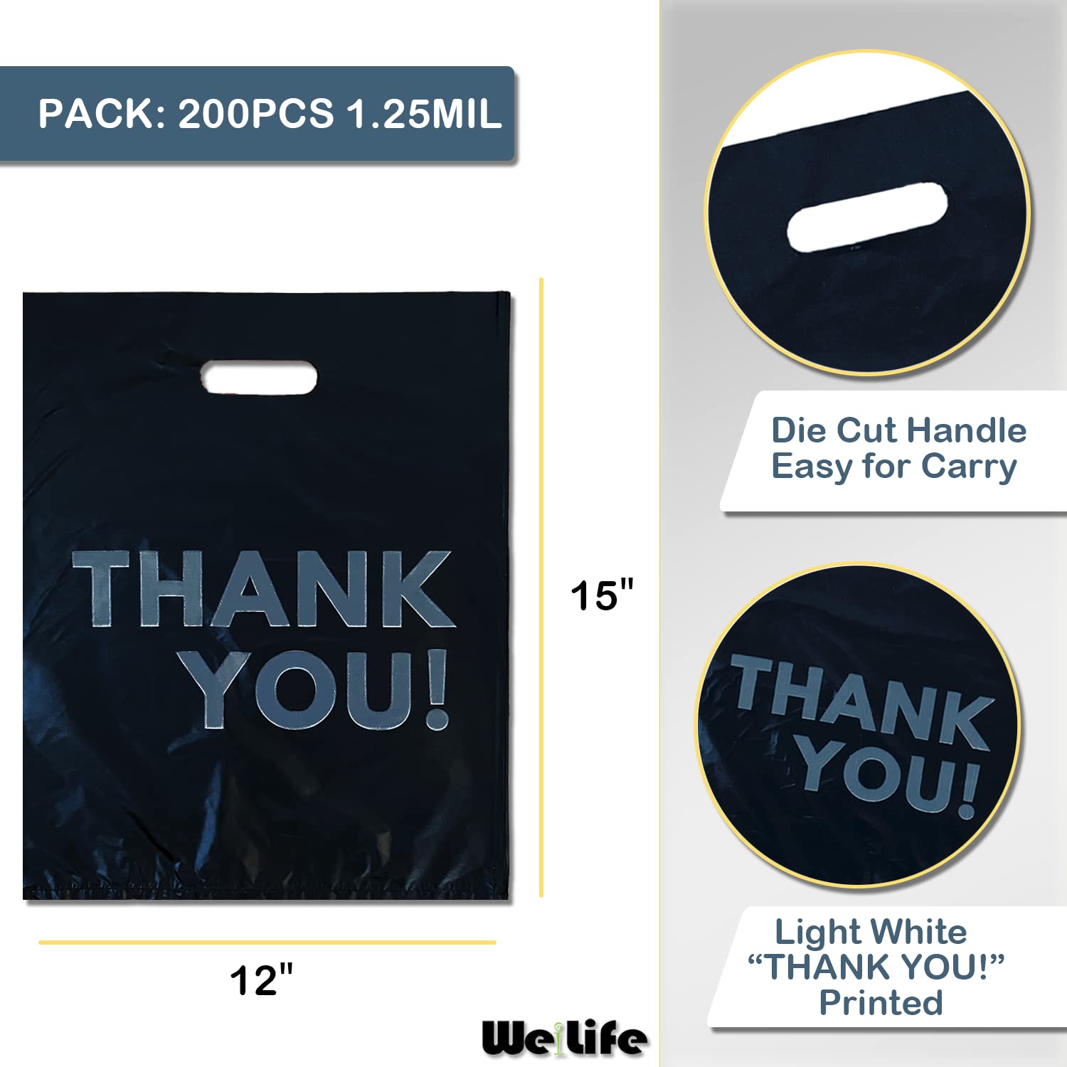 WeiLife 200PCS Black Plastic Thank You Shopping Bags 12x15 Inch Bulk Merchandise Bags - Retail Gift Bags for Small Business & Boutique Stores | Perfect for Retail Packaging, Customer Appreciation & Event Giveaways