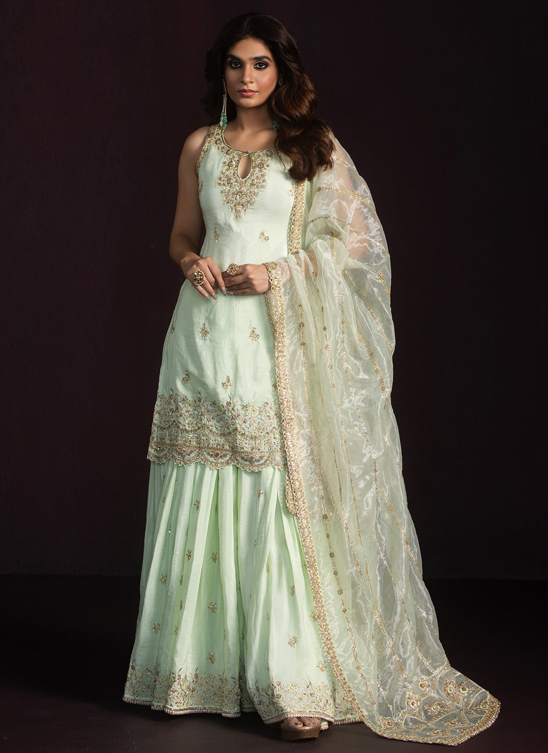 Elegant Mint Green Embroidered Crepe Silk Sharara - Perfect for Weddings, Parties & Special Occasions