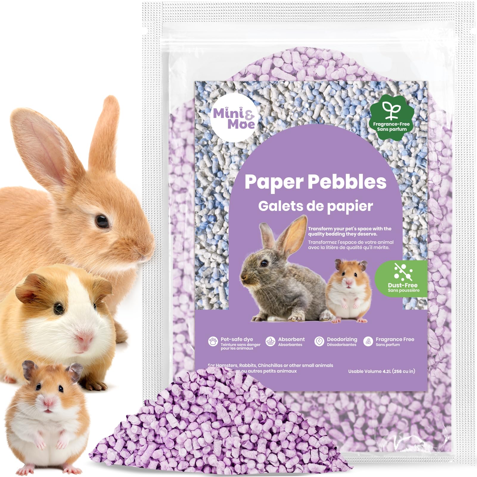 Mini&Moe Natural Paper Pellet Bedding for Guinea Pigs, Rabbits & Hamsters - Odor Control, Super Absorbent, Dust-Free Small Animal Bedding (3.96lb) - Perfect for Cages, Hutches & Indoor Pet Homes