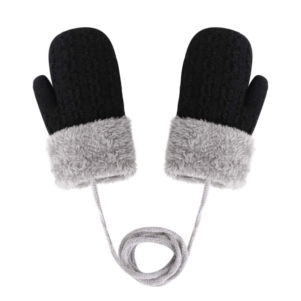 Kids Double Layer Knitted Winter Gloves for Toddlers 1-4 Years - Warm Plush Hanging Neck Mittens with Rope, Full Finger Wrist Protection - Perfect for Outdoor Play, Snow Activities & Christmas Gifts for Boys & Girls