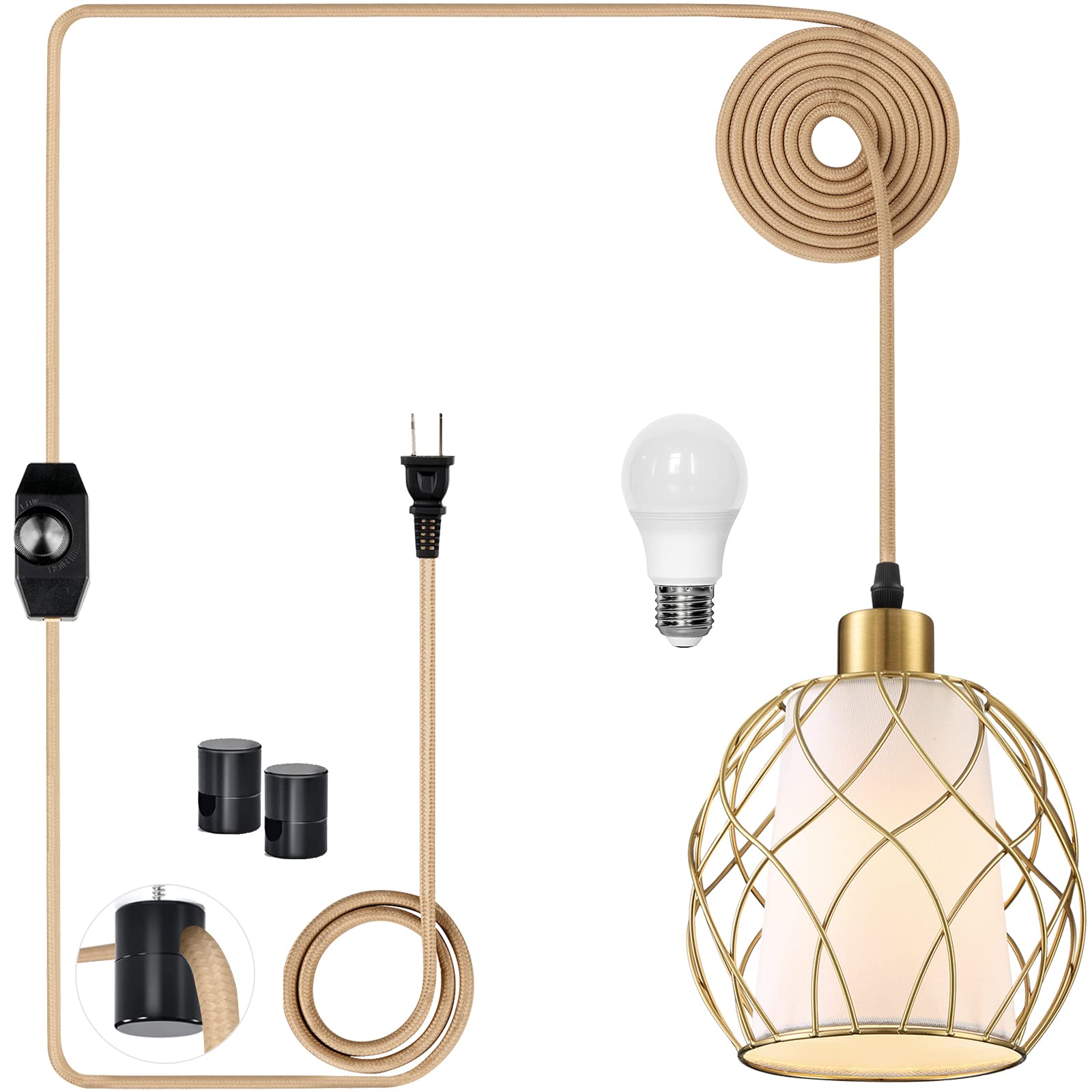 Vintage Gold Plug-in Pendant Light with Dimmable Switch - 15ft Golden Cotton Cord Hanging Lamp Fixture for Kitchen Island, Dining Room, Bedroom & Living Room Decor (Bulb Included) | Perfect for Farmhouse, Industrial & Modern Home Lighting